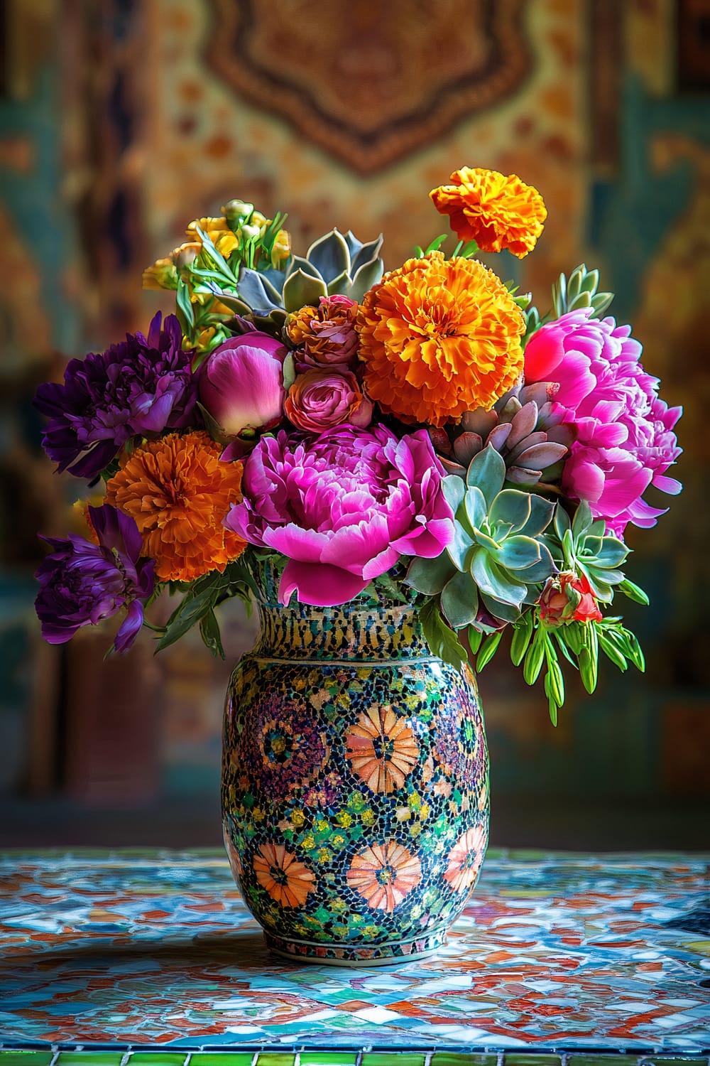 A vibrant floral arrangement in a mosaic-patterned vase sits on a colorful, intricately tiled surface. The bouquet features an assortment of flowers, including marigolds, peonies, and other blossoms in shades of orange, pink, and purple, along with some succulents.