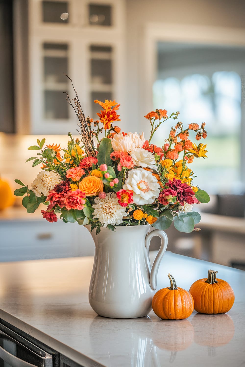 A vibrant floral arrangement sits in a tall, white ceramic pitcher on a sleek, white marble countertop in a modern kitchen. The bouquet comprises a mix of autumnal flowers, such as orange and yellow chrysanthemums, white and pink roses, and various greenery. Beside the pitcher are two small, orange pumpkins, enhancing the seasonal, festive atmosphere. The background showcases a softly blurred kitchen with white cabinetry and a window that allows natural light to illuminate the space.