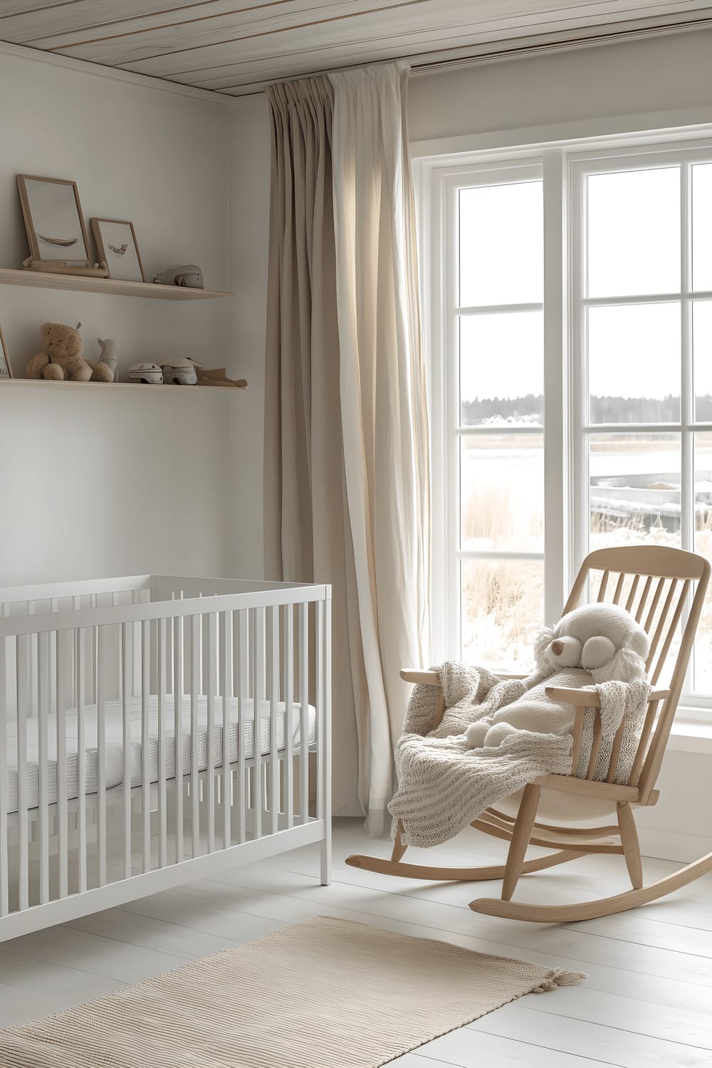 A peaceful nursery featuring a Scandinavian coastal theme with a pastel color spectrum. The room includes a white crib detailed with light wooden accents, a comforting rocking chair with a tucked-in blanket, and shelves neatly stacked with children's toys and books. The room is brightened by extensive windows adorned with breezy curtains that allow ample natural light to filter in.