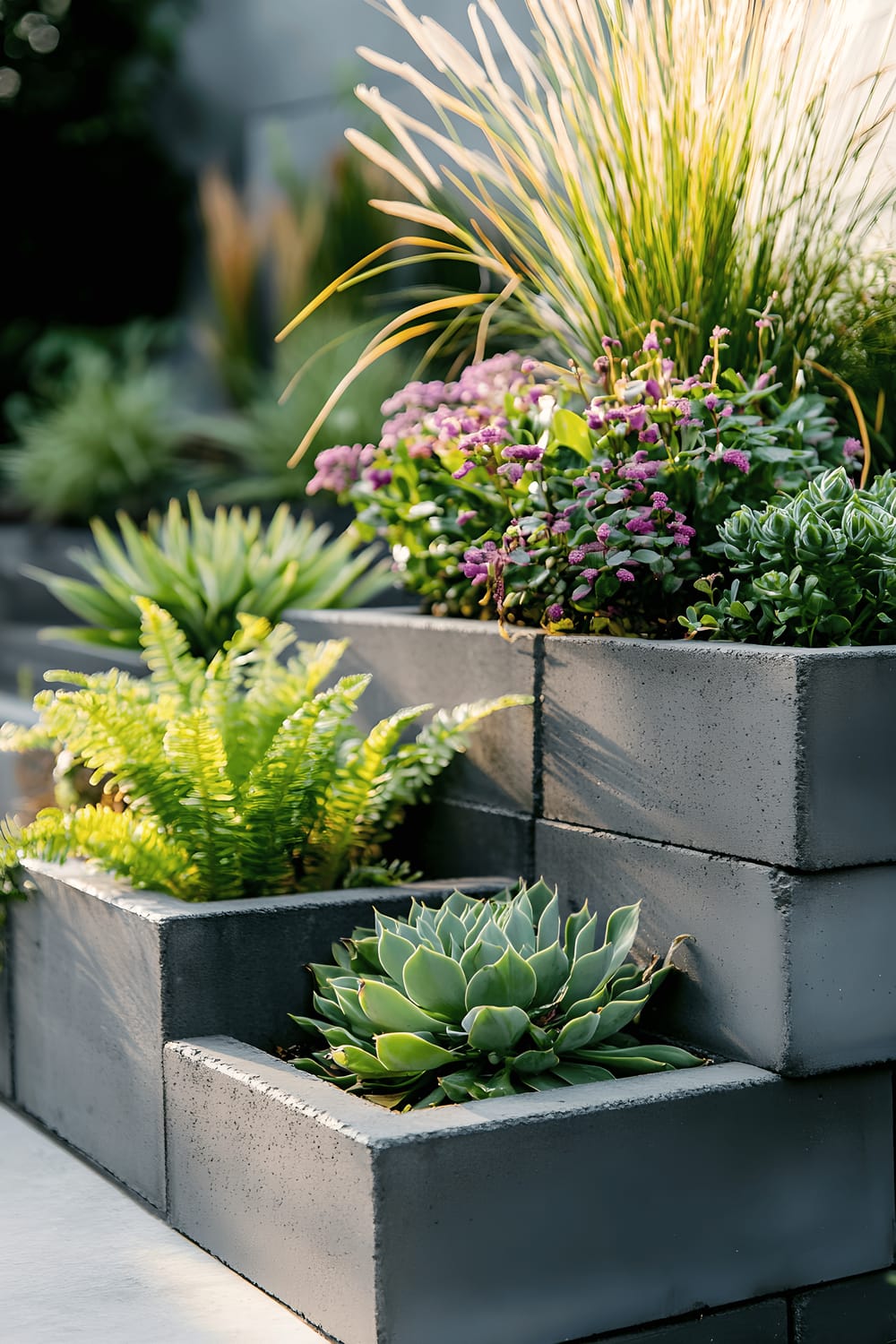 A modern DIY patio garden featuring a planter made of staggered cinder blocks filled with a variety of plants including succulents, small ferns, and ornamental grasses.