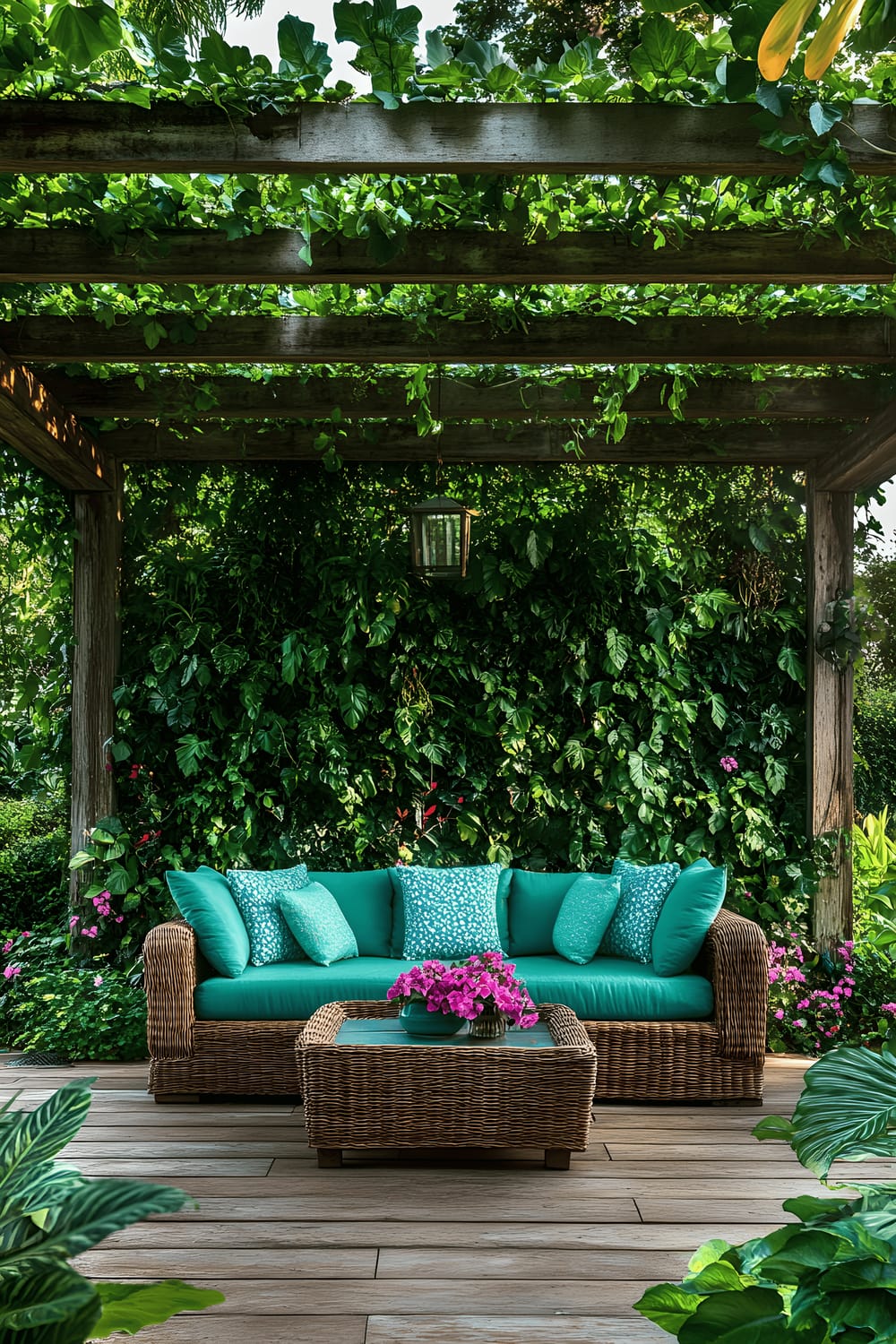 An inviting outdoor seating area under a pergola covered with cascading green vertical garden panels. A comfortable rattan loveseat featuring bright teal cushions is located beneath the pergola. The greenery from the vertical garden creates a calm and serene backdrop, bathing the space in vibrant hues of nature.