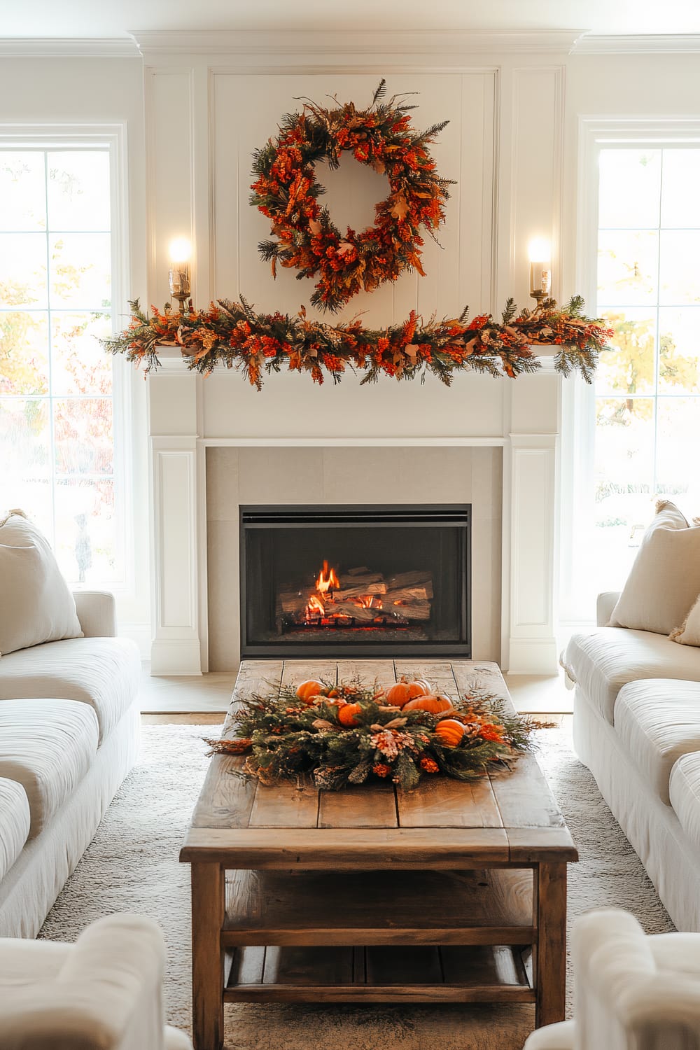 A cozy living room featuring a lit fireplace with a white mantel decorated for autumn. Above the fireplace is a circular wreath adorned with orange, red, and green foliage. Garlands matching the wreath are arranged elegantly on the mantel, flanked by wall-mounted candles. The room is illuminated by natural light streaming through large, white-framed windows on each side. Two white sofas are arranged symmetrically around a rustic wooden coffee table, which is adorned with a festive centerpiece of pumpkins, pinecones, and greenery.