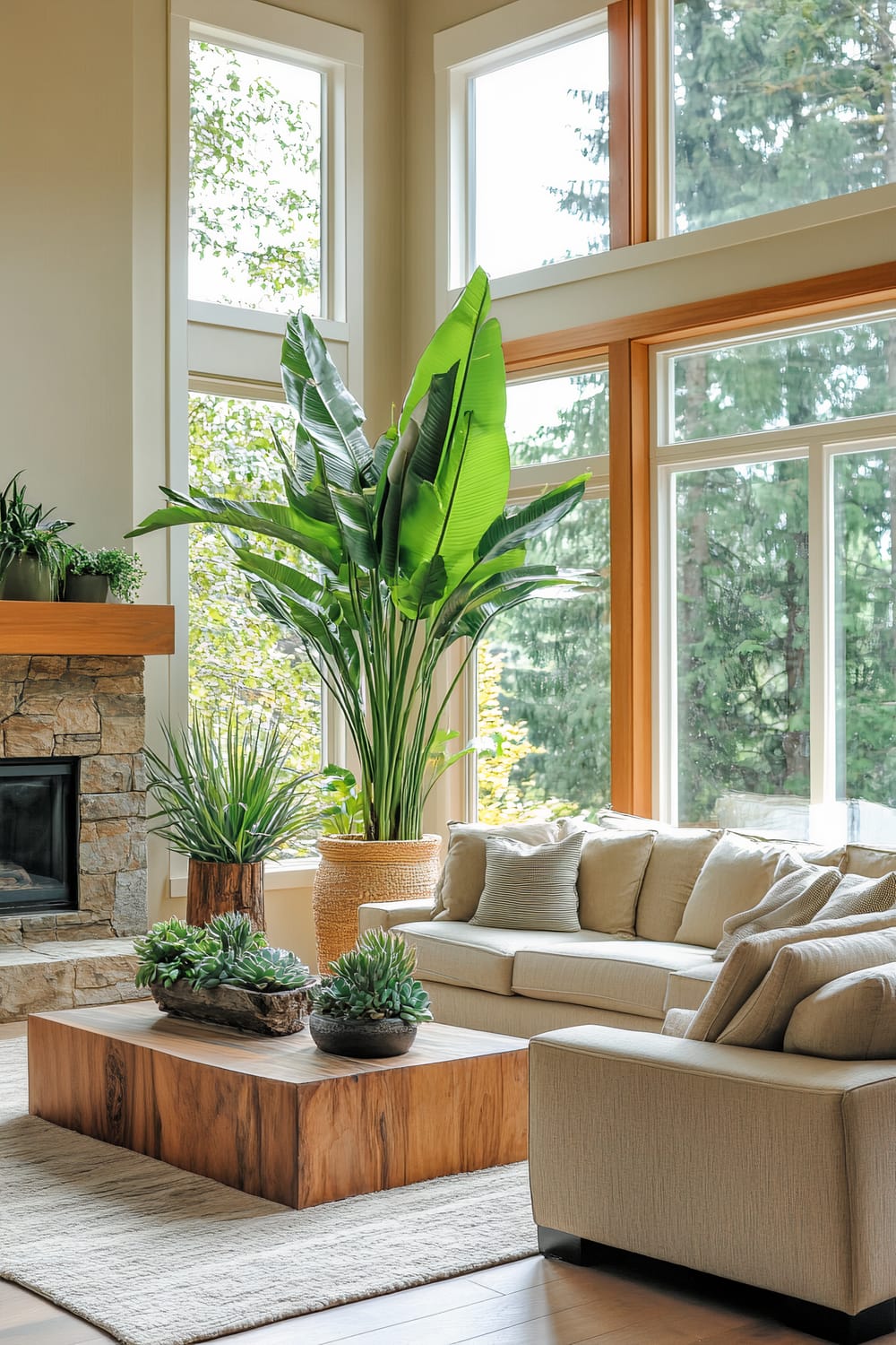 A biophilic living room featuring a large indoor plant in a wicker planter and several potted succulents on a wooden side table. The space includes two neutral-toned sofas arranged around a simple stone fireplace. Large windows with natural wood frames let in ample natural light, highlighting the connection with nature. The color scheme consists of lush greens and natural wood tones, with minimal clutter.