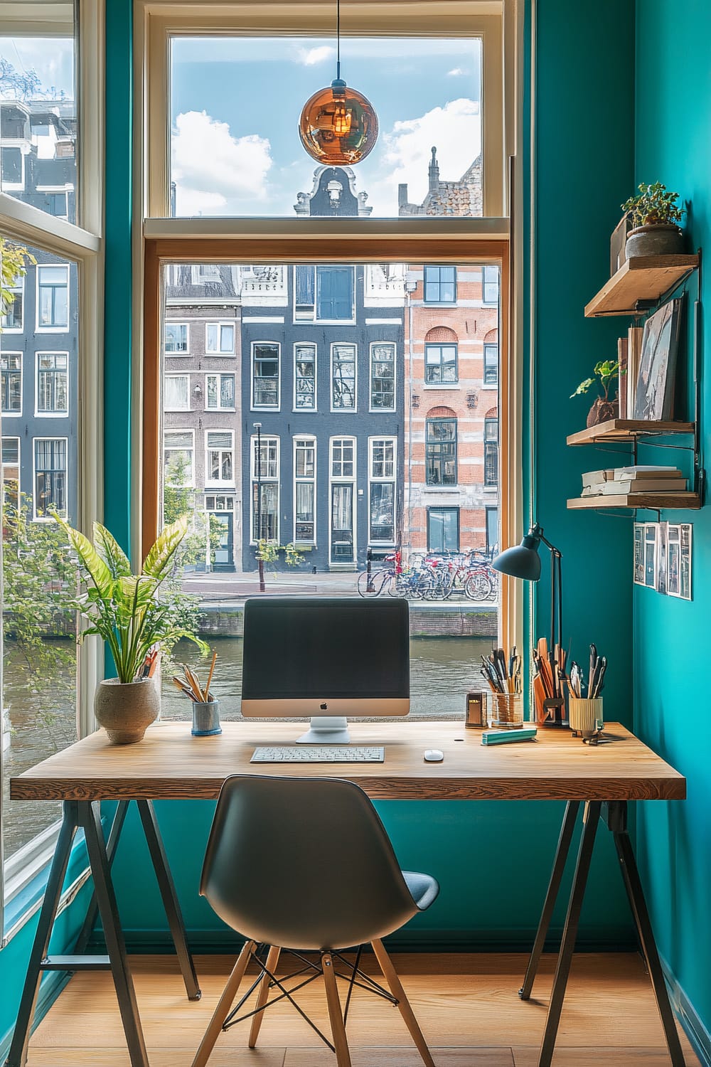 A modern home office setup featuring a large wooden desk positioned in front of a tall window overlooking a picturesque canal with historic buildings. The walls are painted in a vibrant teal color, accented with floating wooden shelves holding books, plants, and minimalistic decor. On the desk, there is a sleek iMac computer, various office supplies, notebooks, and a potted plant. An industrial-style lamp and several jars filled with pens and pencils are also on the desk. A single black chair with wooden legs is placed in front of the desk. The ceiling has a hanging copper globe pendant light.