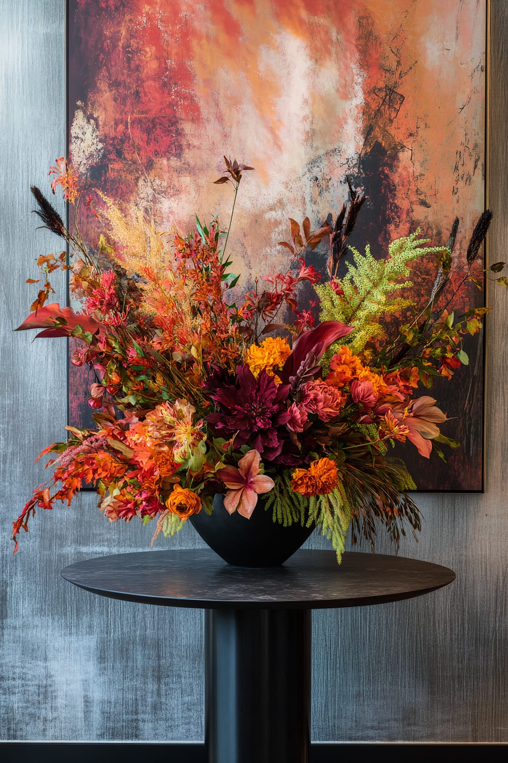 An arrangement of variously colored flowers, including shades of red, orange, yellow, and purple, in a black vase on a dark round table. Behind the arrangement is an abstract painting in similar hues with a blend of red, black, and yellow-orange colors. The wall has a textured gray surface.