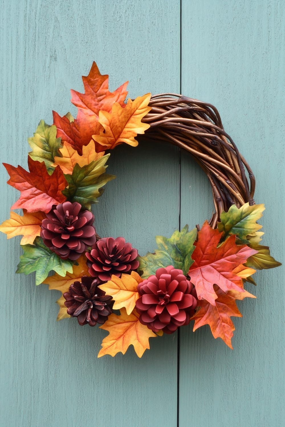 A wreath made of twisted brown grapevine branches adorned with a variety of autumn-colored leaves and pinecones is hanging on a rustic teal wooden door. The leaves display shades of orange, yellow, red, and green, creating a gradient effect throughout the wreath. The pinecones, painted in shades of red and brown, are intricately nestled among the leaves.