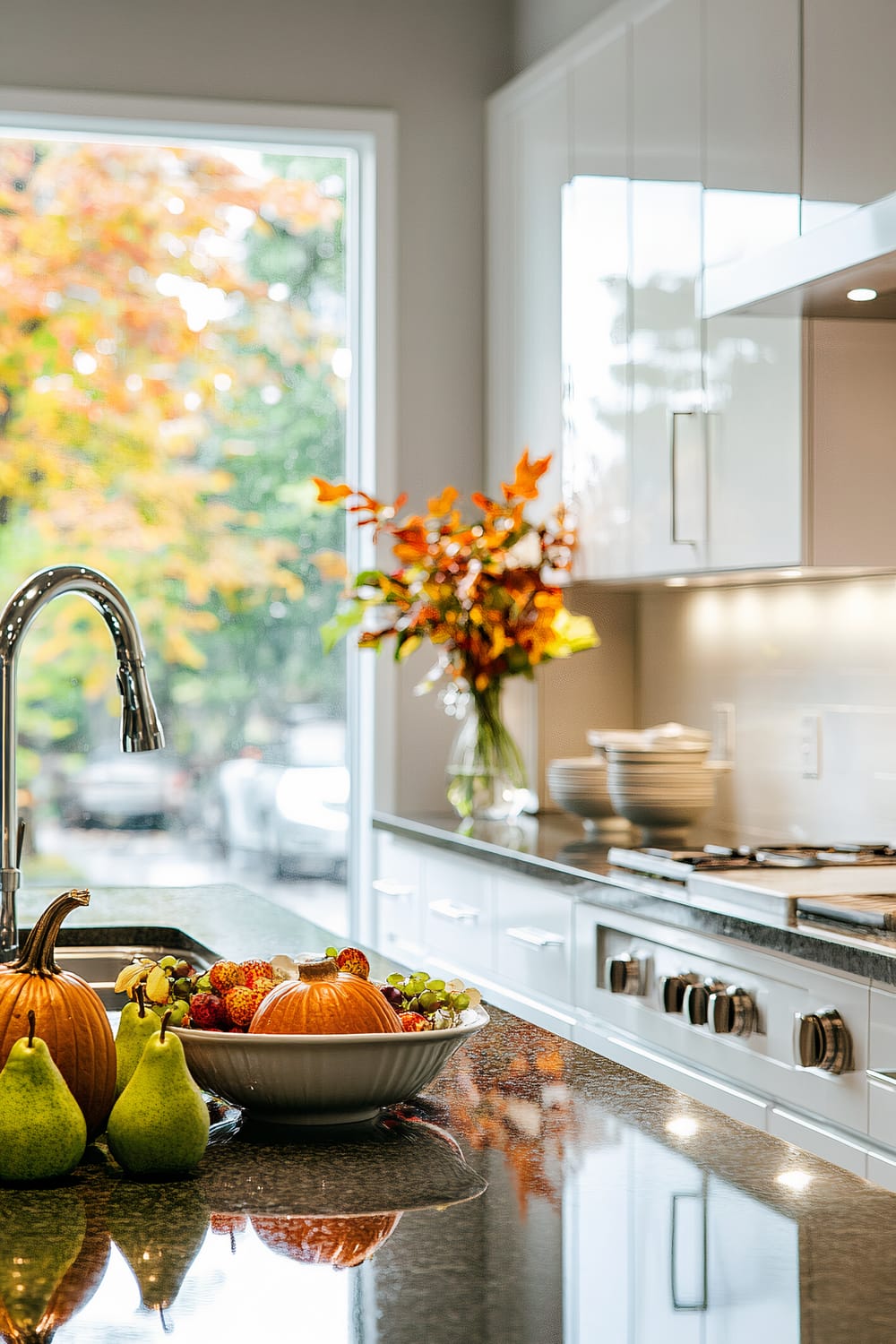 A modern kitchen featuring glossy white cabinets and black granite countertops. A silver faucet is installed in the kitchen island, with a bowl of fresh fruits and small pumpkins nearby. In the background, a large window reveals a view of autumn foliage, and a glass vase with vibrant orange and red flowers decorates the counter.