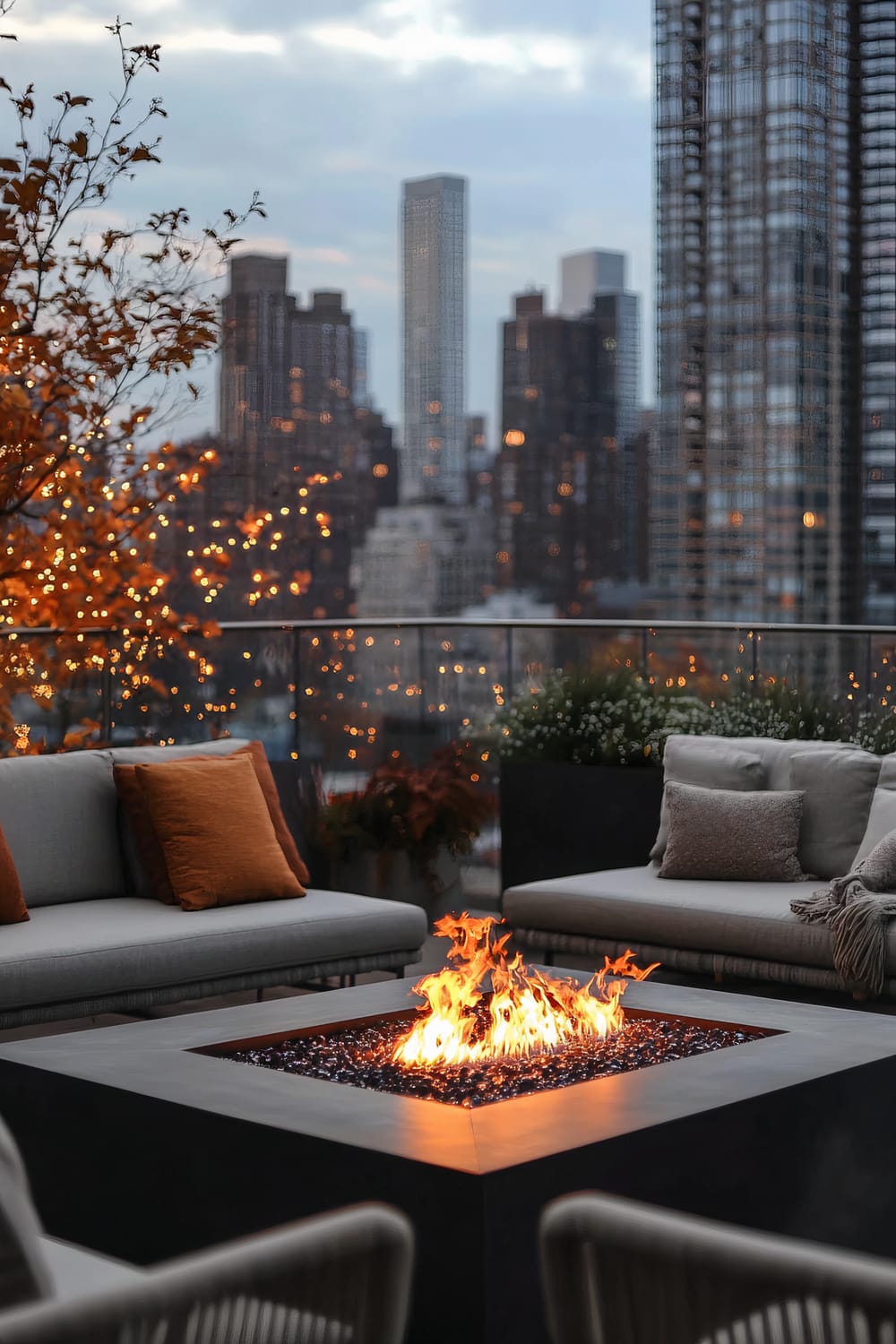 Rooftop patio at dusk with city skyline background, featuring modern, angular fire pit surrounded by grey upholstered outdoor sofas adorned with rust-colored and neutral throw pillows. An autumnal tree draped in twinkling string lights is prominent on the left, while the glass balcony railing offers a panoramic view of tall city buildings in the distance.