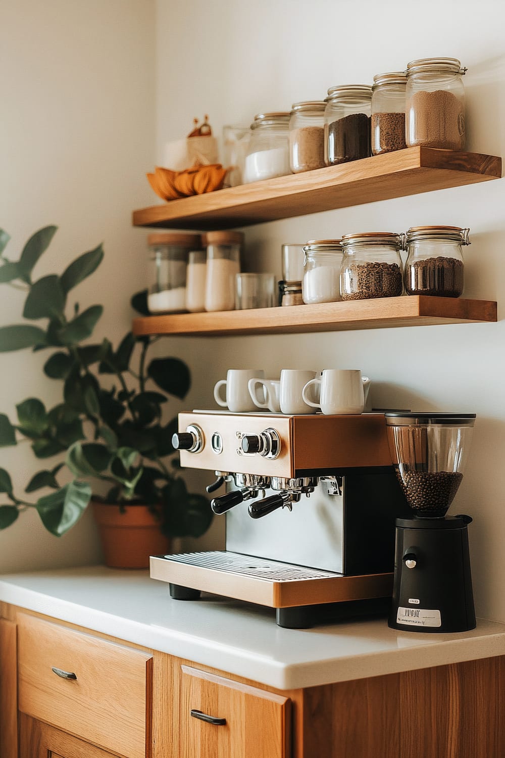 A home coffee station featuring a coffee machine with a grinder on a white countertop. Above the countertop, two wooden shelves hold various jars filled with coffee beans, sugar, and other kitchen staples. A potted plant is situated to the left of the coffee station, adding a touch of greenery.