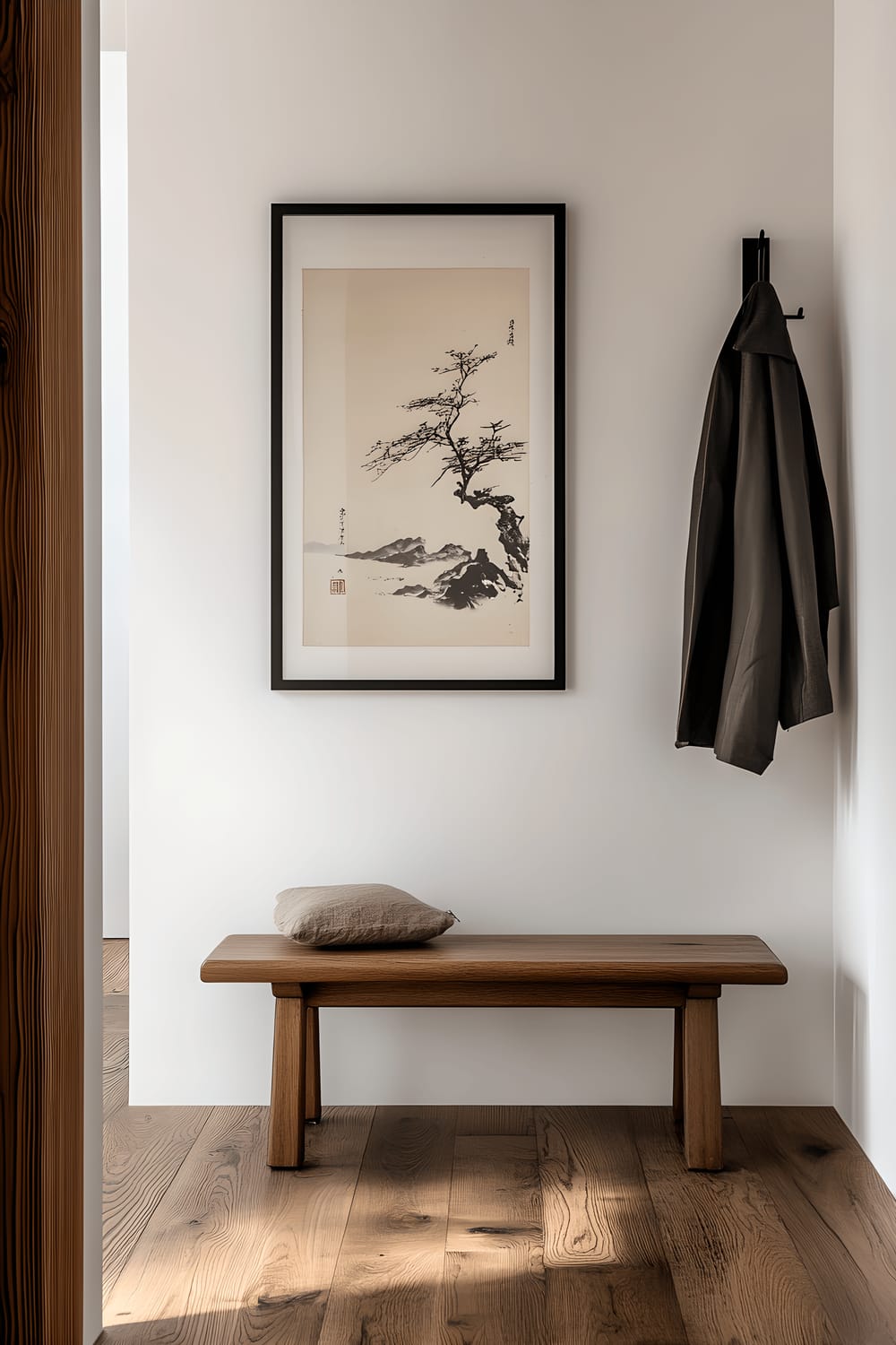 An entryway in a Tokyo apartment exhibiting a minimalist aesthetic, featuring a natural wooden bench, a white wall adorned with a traditional ukiyo-e print, and a solitary black coat hook. A gentle soft light permeates the entire setup, highlighting the subtleties of the design.