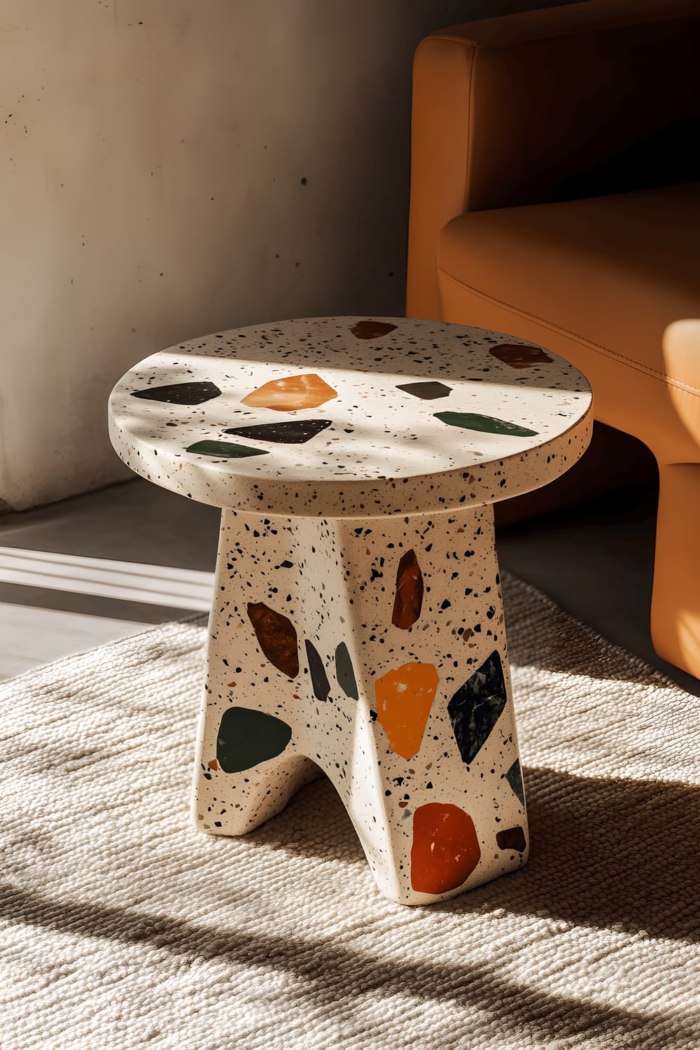 A picture of a handmade terrazzo side table with embedded multicolored stone chips, sitting atop a minimalist wool rug. The morning sunlight is infiltrating the room, casting soft shadows. The picture is rectangle-shaped, with the height being larger than the width.