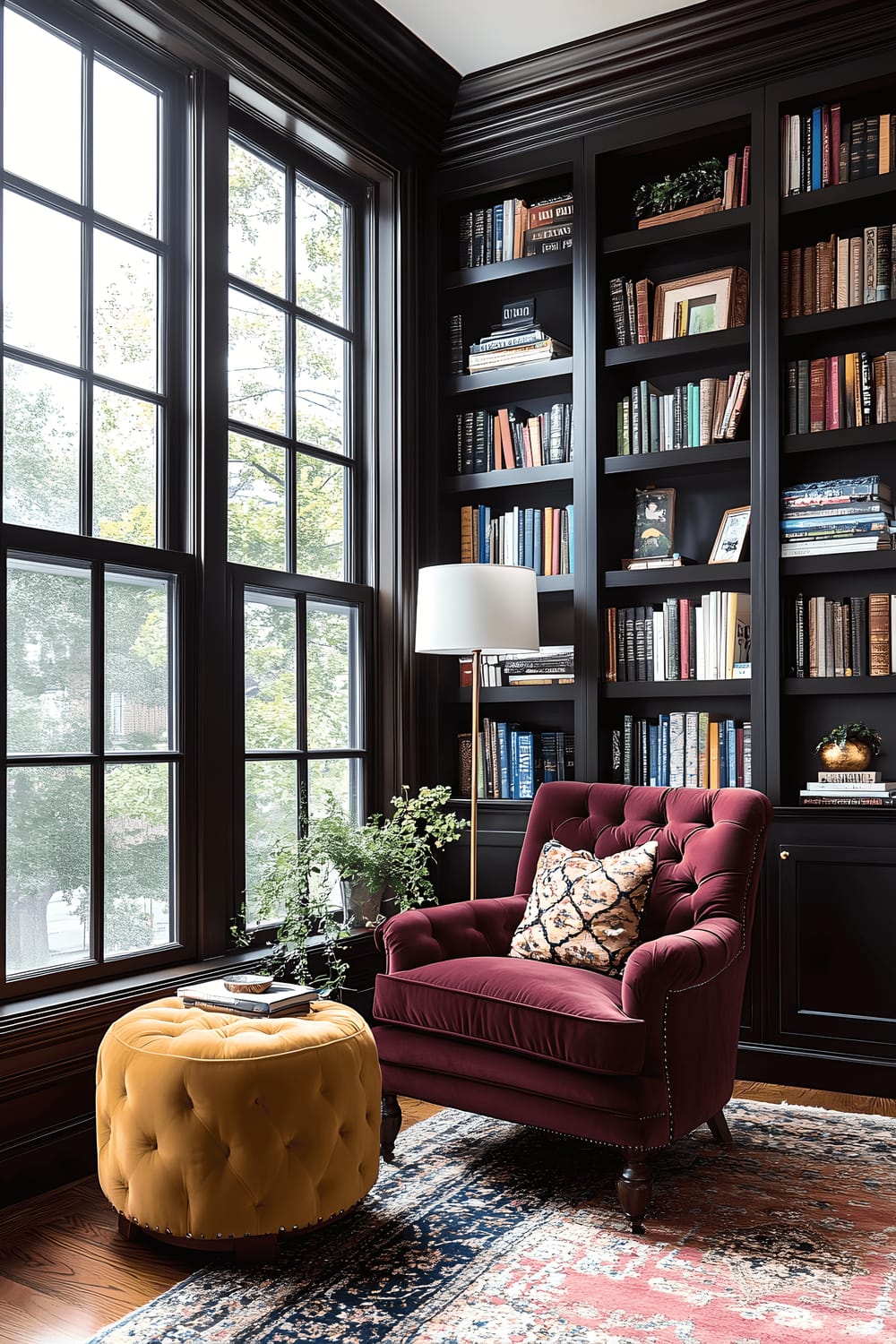 A small vintage-style living room acting as a library nook, with a burgundy tufted armchair, dark walnut bookshelf crammed with antique books and eclectic items, a mustard yellow ottoman, and a brass floor lamp. The room is lit by large windows with dark wooden frames on two sides, casting light on the rich color contrasts of the space.