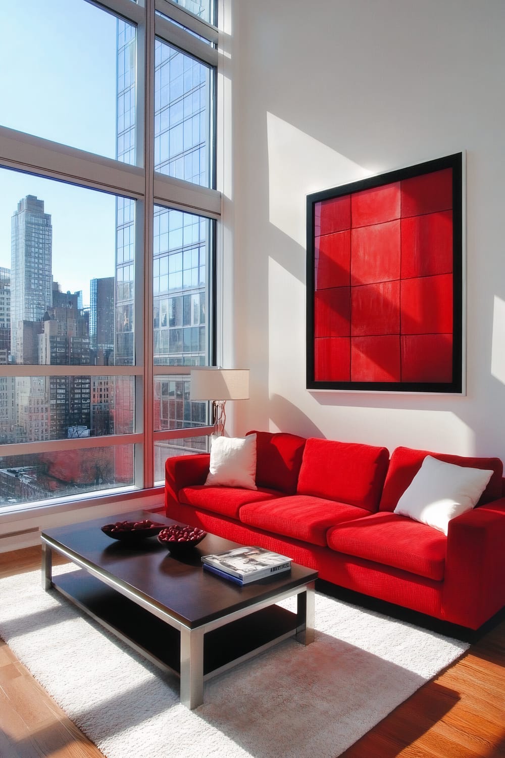 A high-contrast modern living room featuring a bright red sofa against a neutral backdrop. A sleek coffee table with bowls and books sits on a light-colored rug. Large windows allow natural light to flood the space, highlighting a vibrant red artwork on the wall. Contemporary high-rise buildings are visible outside the windows.