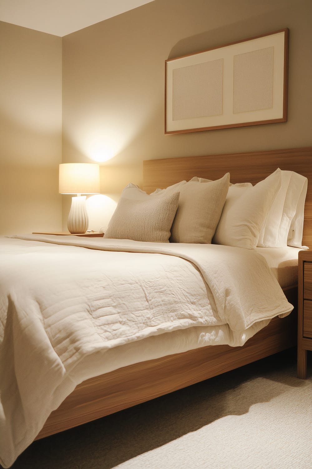 An elegantly minimalist bedroom featuring a wooden bed frame and headboard. The bed is adorned with white and beige linens and pillows. A simple lamp with a textured ceramic base and fabric shade is placed on the wooden nightstand next to the bed. Above the headboard is a framed piece of abstract art in neutral tones. The room is softly lit, creating a serene and tranquil atmosphere.