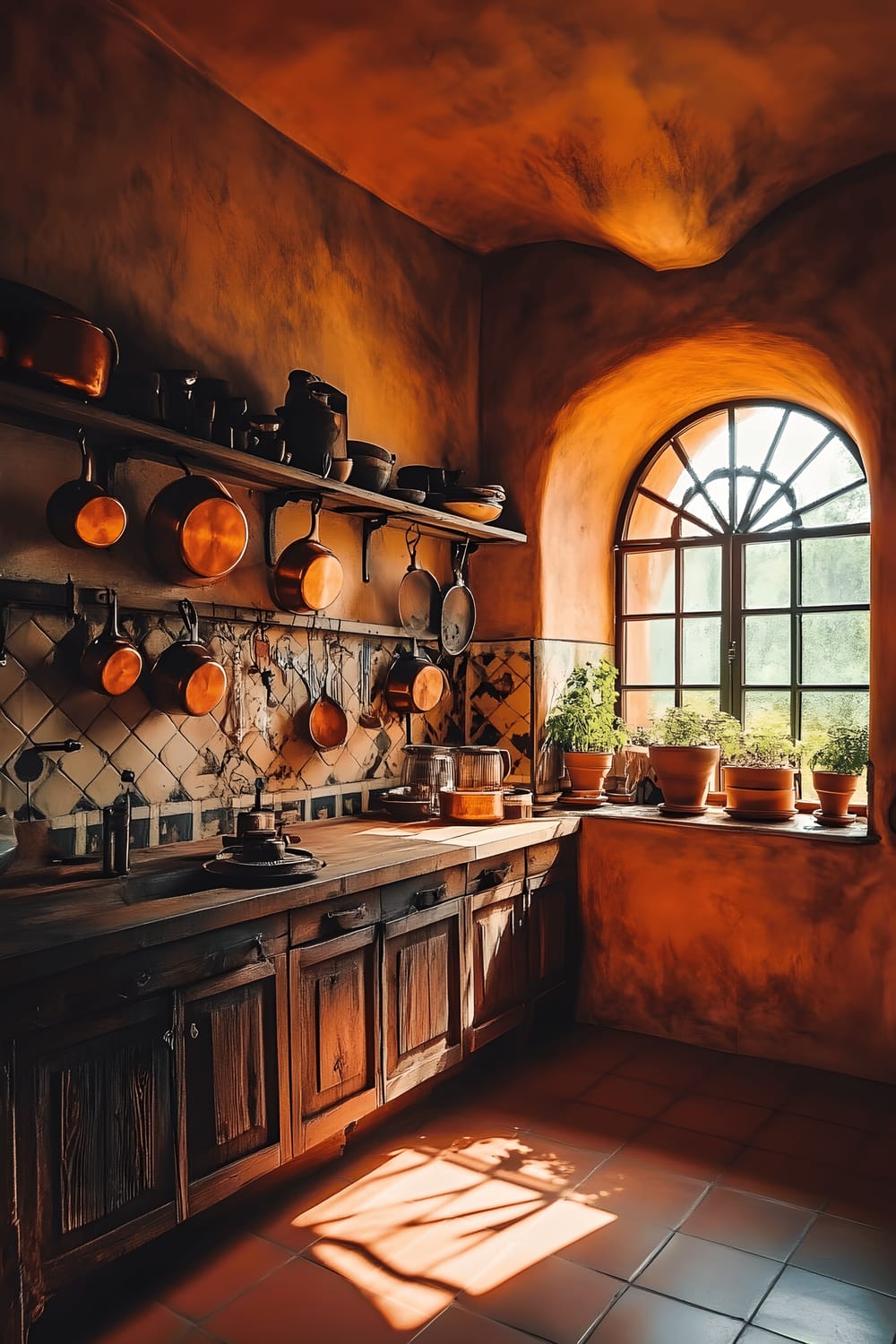 A rustic Mediterranean-style kitchen with terracotta walls, an open wooden shelving unit adorned with various copper pots, and checked ceramic tiles, bathed in warm golden light streaming in through an arched window.