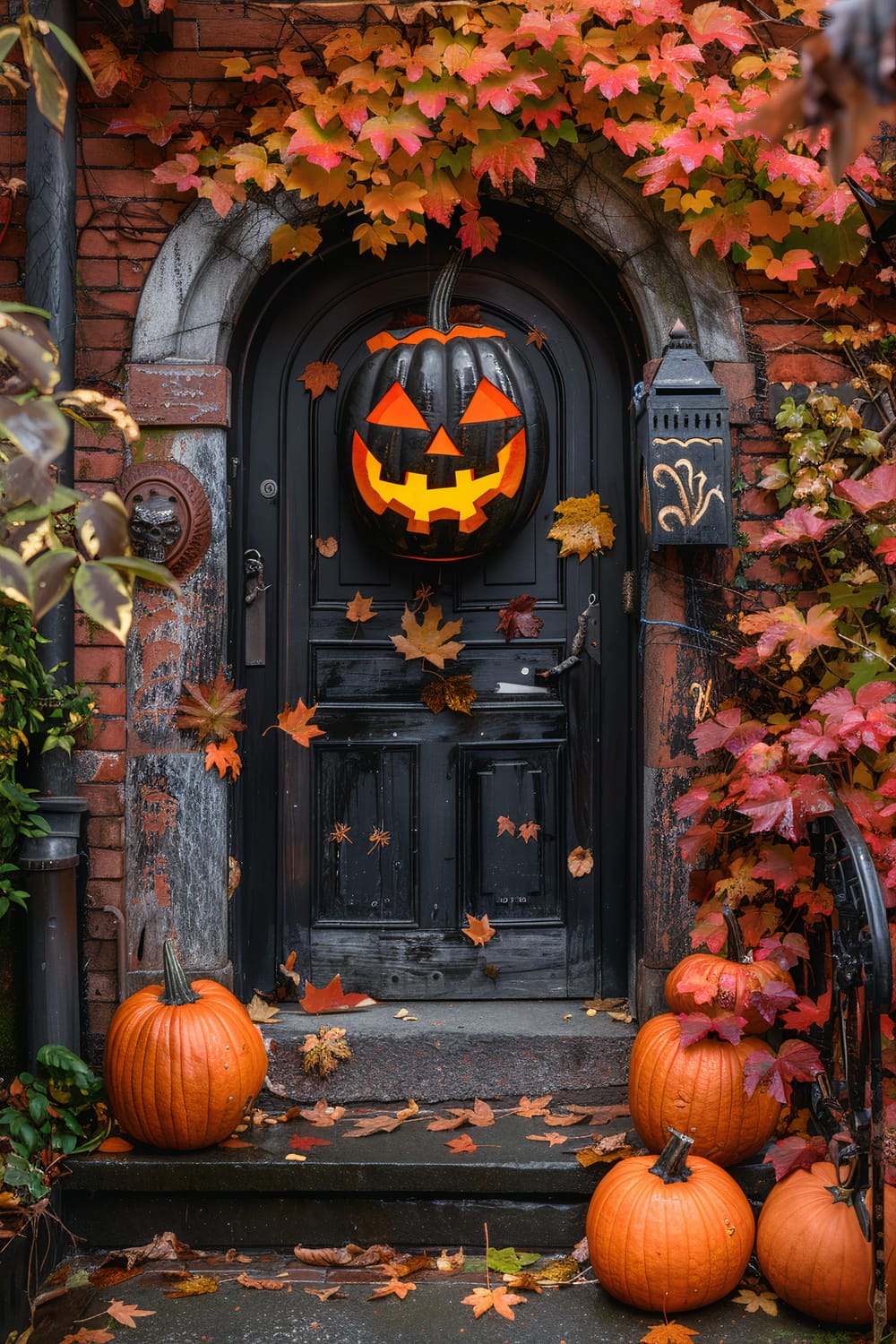 A dark, gothic front door adorned with a glowing, carved pumpkin in the center, surrounded by vivid autumn leaves. The entryway features additional pumpkins on the steps and vibrant red ivy climbing up the brick facade. Fallen leaves scatter the ground, enhancing the festive autumn and Halloween ambiance.