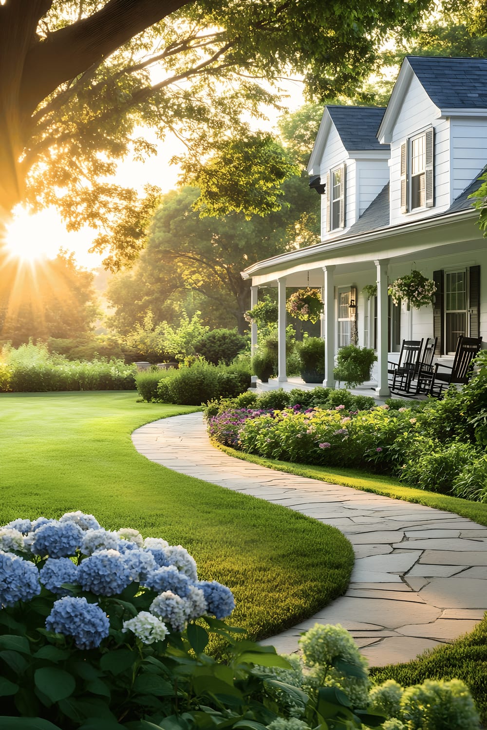 A beautiful picture of a suburban front yard in the soft golden light of sunrise. The scene includes a curved stone pathway, well-tended hydrangeas in full bloom, a classic farmhouse porch painted in white with rocking chairs, and a lawn that is neatly cared for.