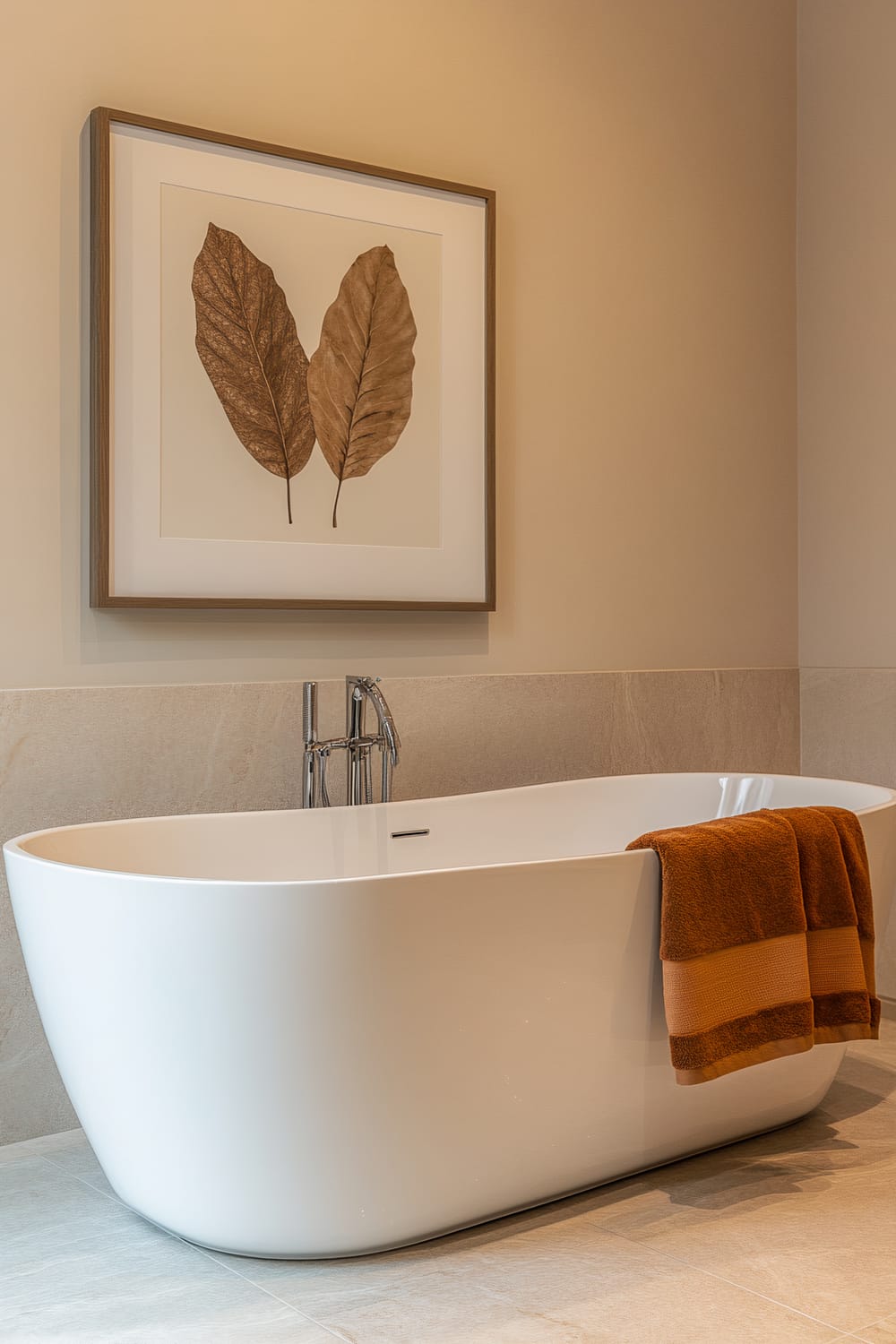 An elegantly designed minimalist bathroom featuring a sleek, white freestanding bathtub. The bathtub is accompanied by a modern, chrome floor-mounted faucet. A rich, terracotta-colored towel is draped over the edge of the tub. Above the bathtub, on the beige wall, hangs a framed artwork showcasing two large, dried leaves, complementing the earthy tones of the towel and the subtle textures of the stone-tiled wall and floor.