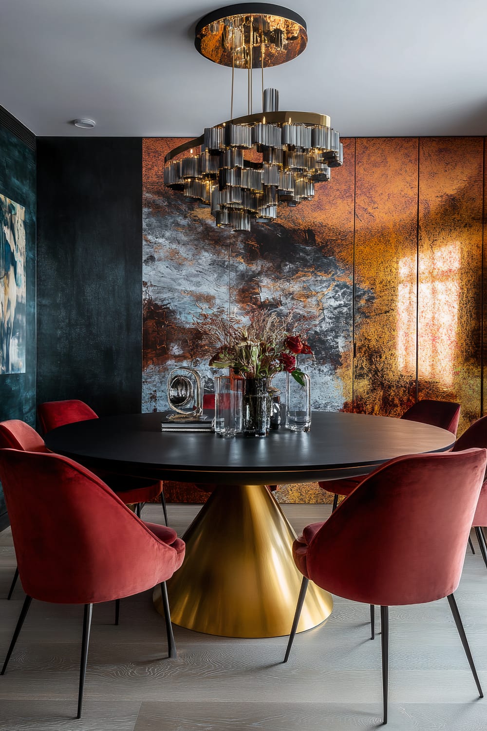 A modern dining room featuring a round black table with a striking gold, cone-shaped base and surrounded by six plush, deep red chairs. Above the table hangs an elaborate, multi-tiered chandelier with metallic gold and silver elements. The walls are decorated with a dramatic, abstract mural with swirling hues of gold, orange, black, and grey, complemented by a deep blue accent wall with an abstract painting. The table is adorned with a centerpiece of dried flowers in various glass vases and a decorative sculpture.