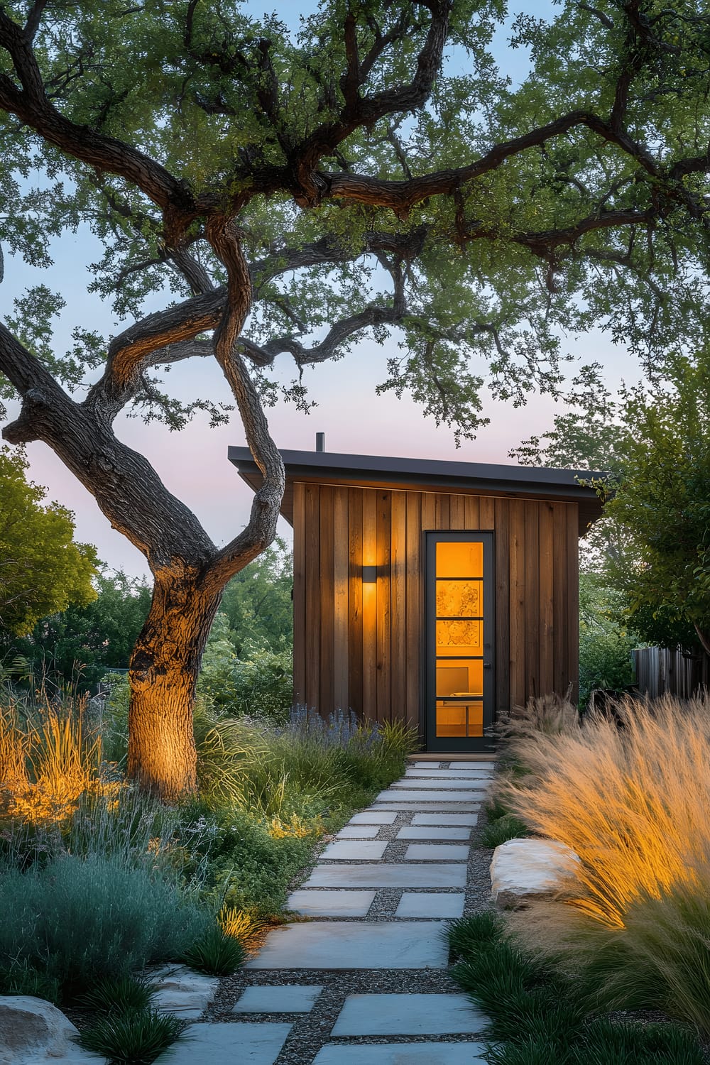 A small and modern shed, featuring rustic wood textures, is nestled in a compact and well-tended garden. The garden consists of native grasses, an orderly stone pathway, and a single elegantly pruned tree. The scene is bathed in the soft, diffused light of twilight, creating a balanced and elegant ambiance.