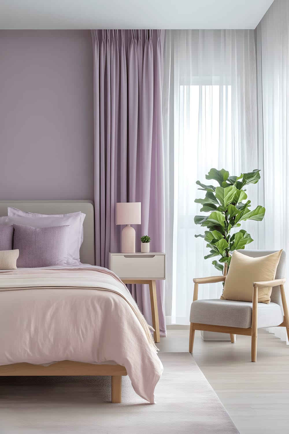 A tranquil modern bedroom displayed with a focus on a sleek white bed adorned with soft blush pink bedding and pastel mint throw pillows. Adjacent to the bed is a minimalist light wood bedside table. A pastel coral lamp atop the table provides a gentle light source. A light grey armchair with a pastel yellow cushion rests near a large window veiled by sheer lavender curtains. The lilac grey room walls serve as a neutral backdrop elevating the muted pastel colors in the room.