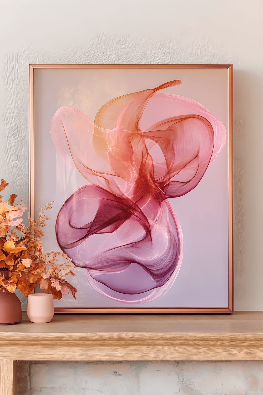 A metallic rose gold frame featuring an abstract painting of two intertwined lovers, placed on a light oak mantel. Warm rose backlighting subtly illuminates the frame, adding depth to the scene.