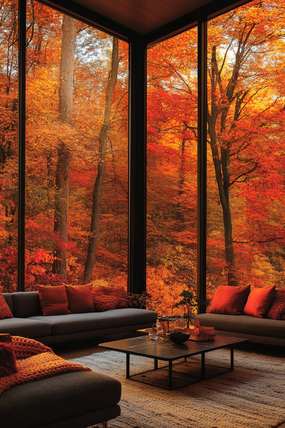 A modern living room with large floor-to-ceiling windows showcasing a vivid autumn forest. The room contains dark grey sofas with orange and red cushions, and a dark, low-set coffee table on a woven rug. Several items, including books and glasses, rest on the table.