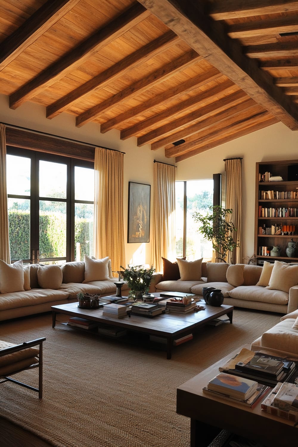 A spacious and inviting living room featuring multiple sofas and armchairs arranged around a large, sleek coffee table. The space is well-lit with natural light streaming through large windows, which are dressed with beige curtains. The room has a rustic charm, accentuated by a Douglas fir-beamed ceiling. Minimalist decor elements, such as a shelf with books and a few plants, contribute to the overall luxurious but uncluttered ambiance.