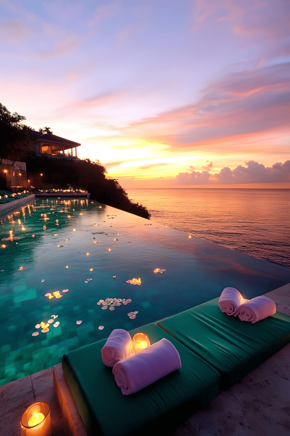 An infinity edge pool filled with clear turquoise water, adorned with floating candles and petals, surrounded by stone decking and green cushioned lounge chairs, against a vibrant sunset sky.