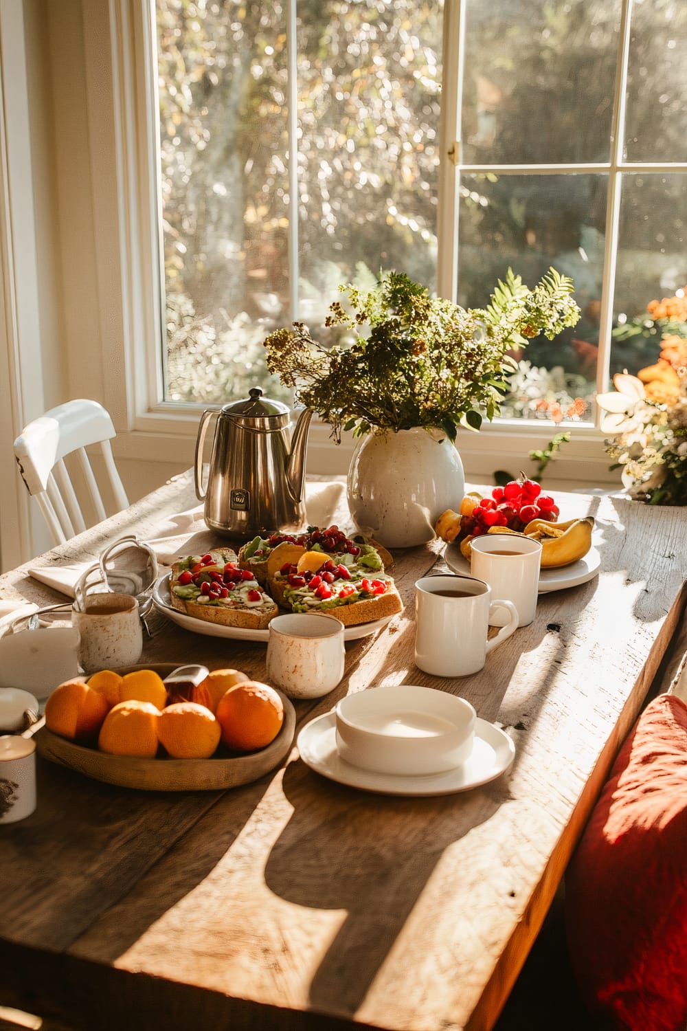 A cozy breakfast nook with a large wooden table set for six. The table features white mugs filled with tea, vintage ceramic pitchers with fresh herbs, metallic fruit bowls with oranges and pomegranates, and a platter of avocado toast. A deep red throw pillow is on a sleek white chair. Soft morning light illuminates the scene through a window with a view of a garden.