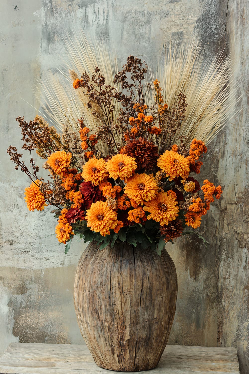 A rustic wooden vase filled with a vibrant arrangement of orange and yellow chrysanthemums, dry wheat stalks, and brown dried flowers. It is placed against a textured, weathered concrete wall with subtle shades of grey, beige, and earthy tones.