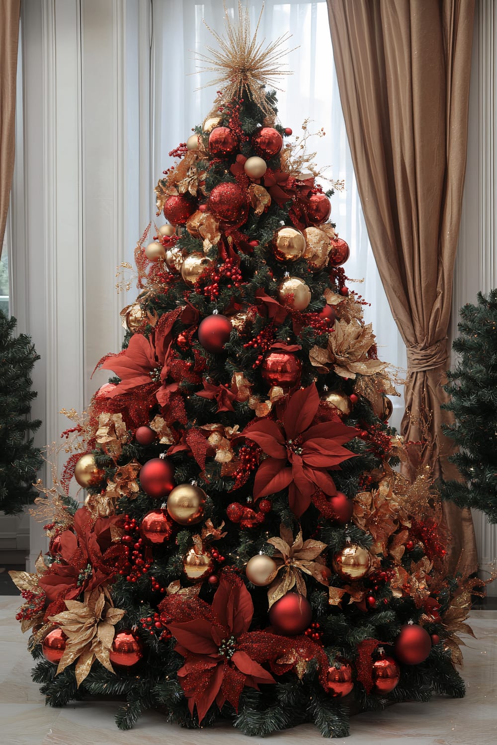 A lavish Christmas tree dominates a luxurious setting. The tree is adorned with rich red and gold decorations, including large poinsettia flowers, shiny baubles, and glittering bows. The background features floor-to-ceiling windows framed by elegant beige drapes, adding to the room's opulent ambiance.