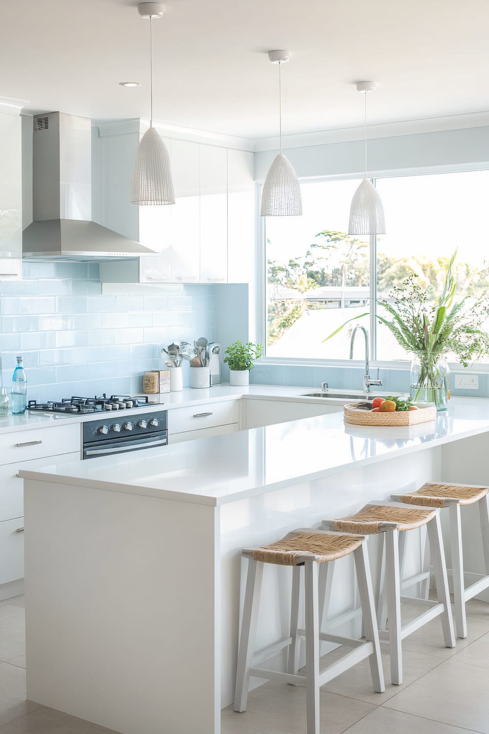 A modern, minimalist kitchen bathed in natural light with predominantly white surfaces. The centerpiece is a large, glossy white island featuring three woven, backless bar stools. Above the island hang three textured, white pendant lights. A polished metal range hood and stainless steel gas stove stand against a backsplash of light blue, glossy subway tiles. The countertop features a basket with assorted fruits and a clear vase with green foliage next to the sink. Large windows offer a glimpse of a green, tree-filled outdoor view.