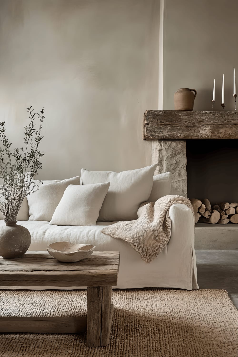 A modern rustic living room with a plush linen sofa in neutral colors, a reclaimed wood coffee table, a large stone fireplace, a woven throw, and a single large plant for decor with soft ambient lighting.