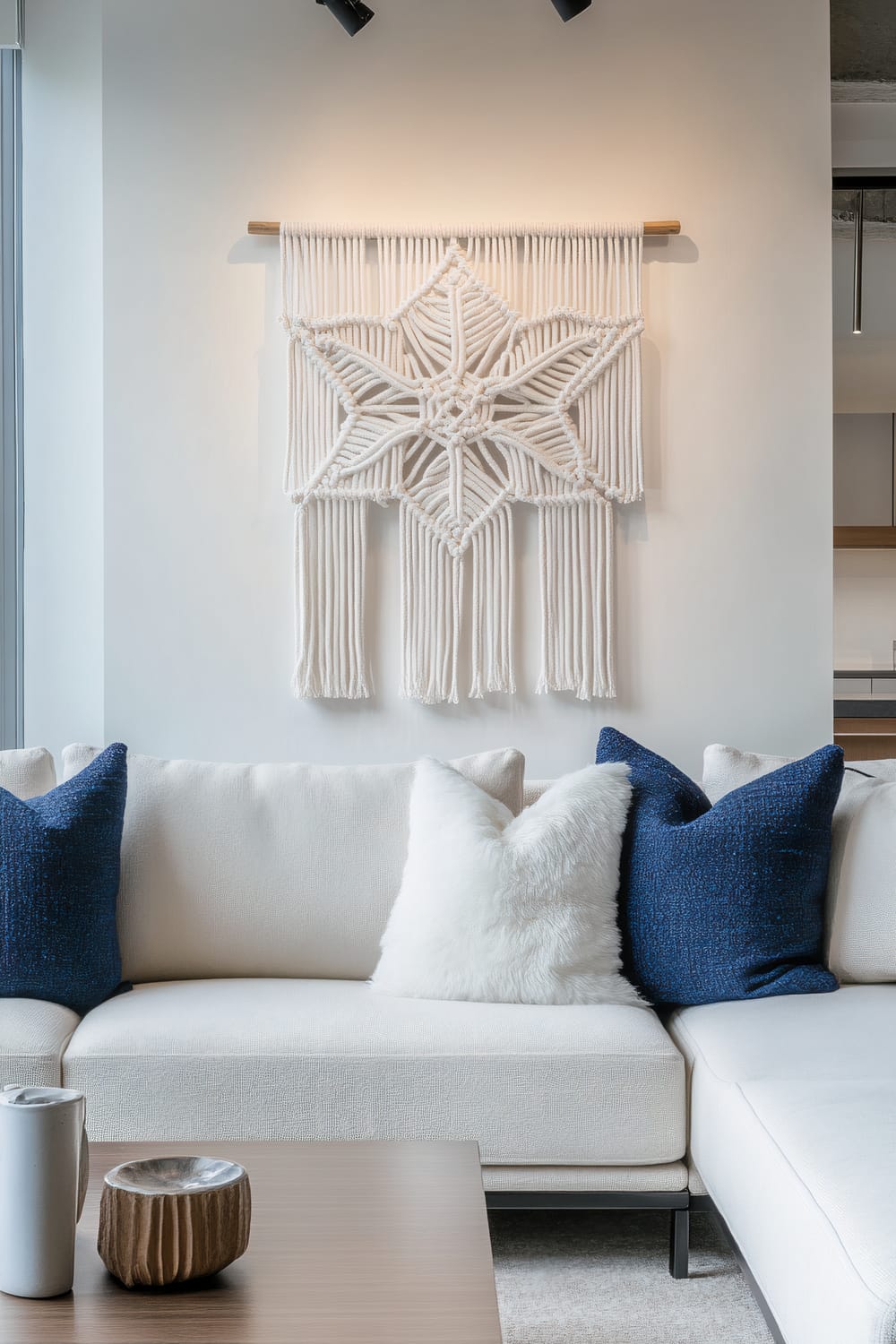 A contemporary living room featuring a white macramé snowflake wall hanging with subtle cobalt blue accents. Below the wall hanging is a white sectional sofa adorned with plush pillows in white and cobalt blue. A wooden coffee table in the foreground holds a white tumbler and a small decorative wooden bowl.