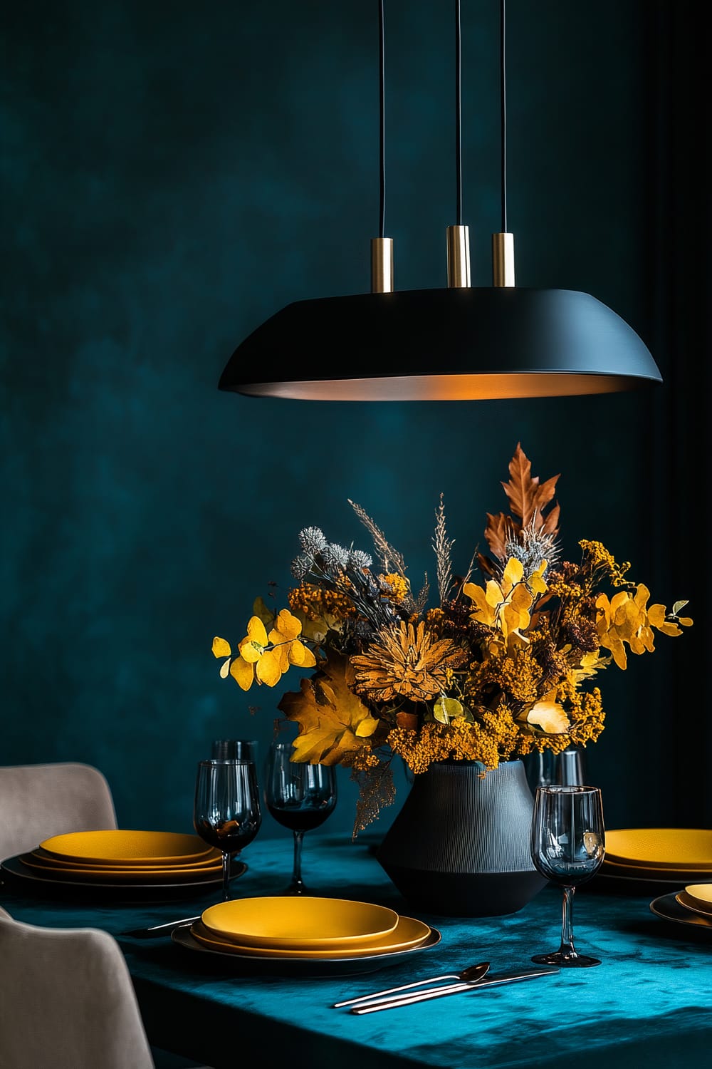 Contemporary Thanksgiving dinner setting featuring a bold teal and mustard yellow color palette with sleek minimalist tableware. The table has striking metallic accents and a large centerpiece with contrasting textures of vibrant yellow flowers. Moody overhead lighting with gold-toned fixtures creates a stylish ambiance.