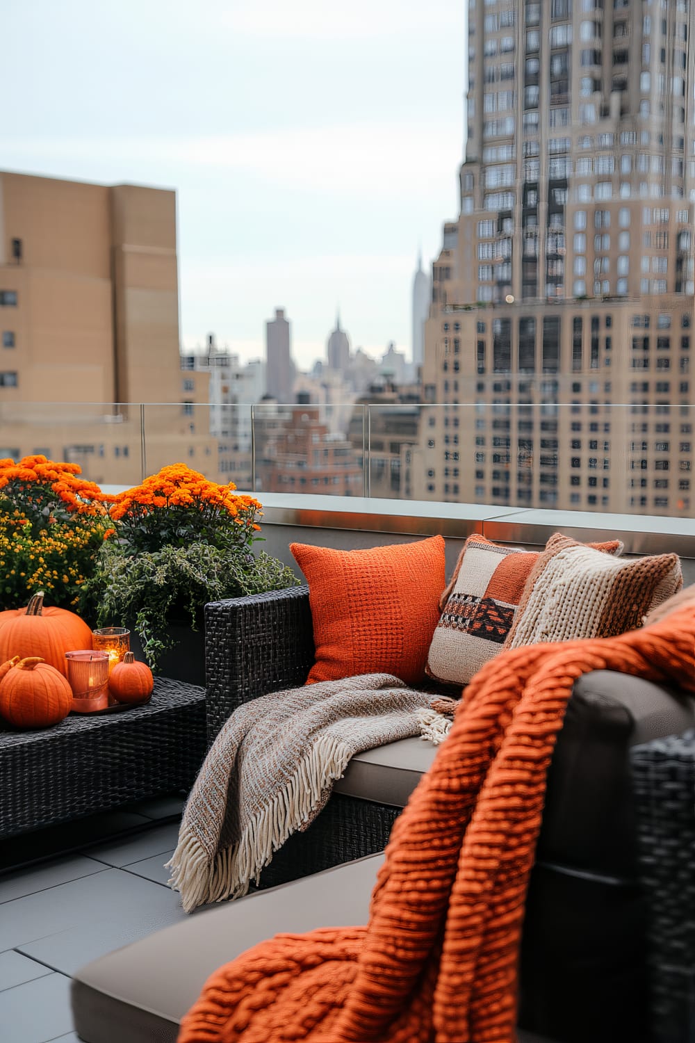 A rooftop patio decorated for fall, featuring a black wicker sectional sofa adorned with various pillows and knitted throws in autumn colors. On the side table are pumpkins and lit candles, while a flower arrangement filled with bright orange chrysanthemums enhances the seasonal theme. The urban skyline of a city, including several high-rise buildings, serves as the backdrop.