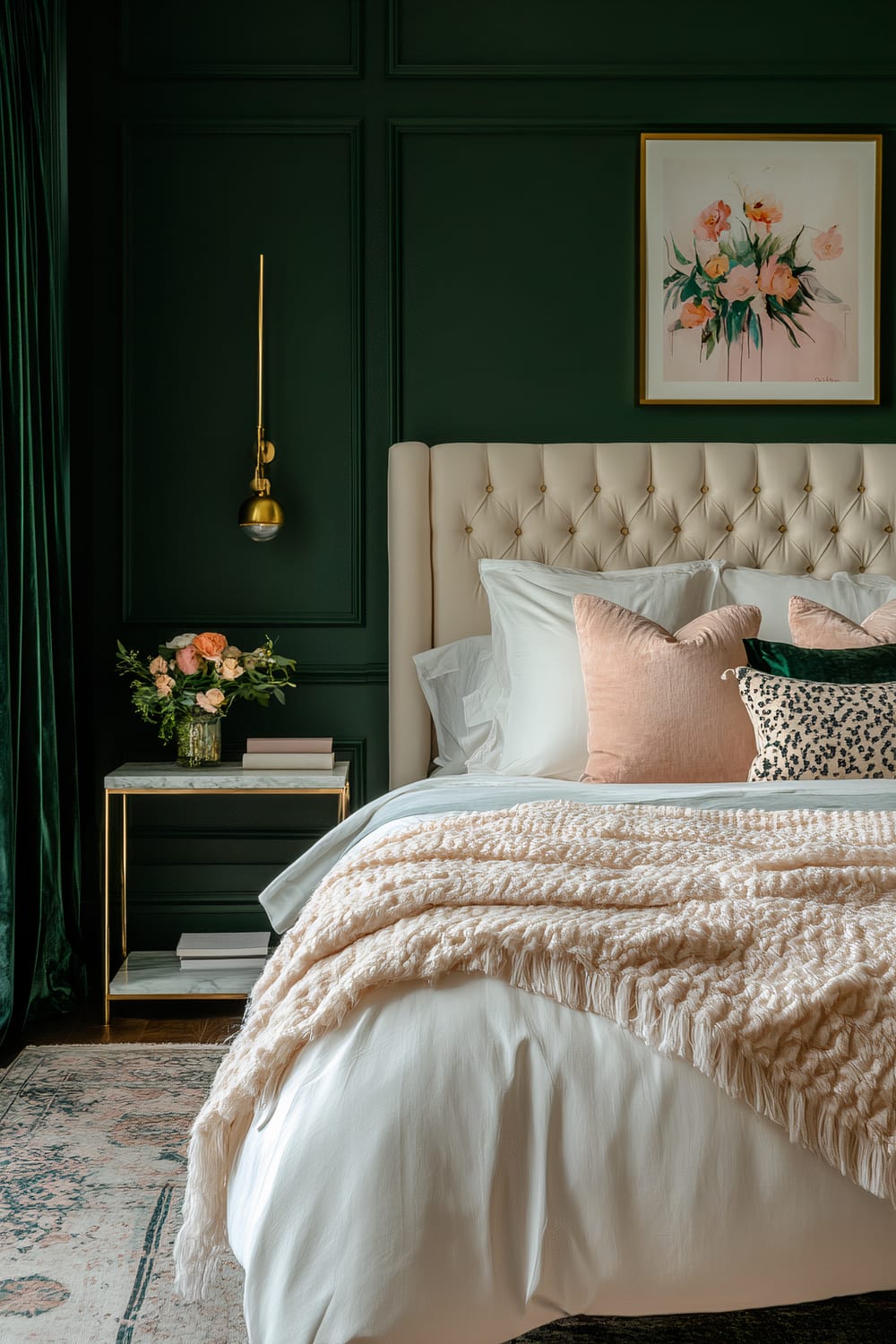 This image features a beautifully styled bedroom with dark green walls. A tall, upholstered, tufted headboard in beige frames a bed adorned with white bedding, pale pink and animal print throw pillows, and a chunky beige knit throw blanket. A brass pendant light hangs on the wall to the left of the bed, above a minimalistic nightstand with a metal frame and a white marble top. The nightstand holds a vase of fresh flowers and a couple of books. Above the headboard, there is a framed floral painting. Next to the bed, dark green curtains complement the walls, and a vintage-style rug with muted tones adds texture to the floor.