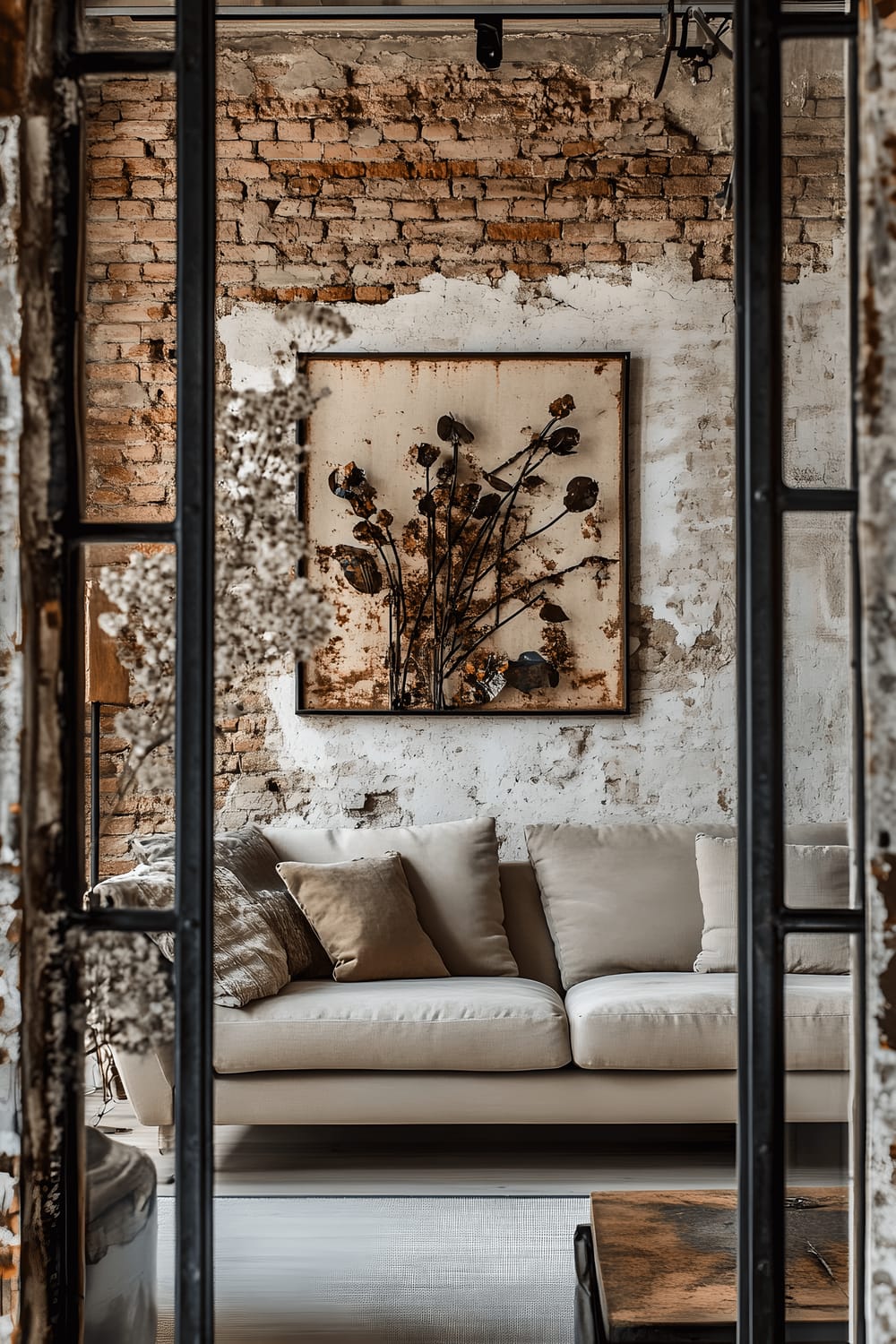 The image is a view of a stylish living room scene as seen through an ornate vintage window frame. A minimalist beige sofa sits centered in the room, against a backdrop of an exposed brick wall adorned with several metal art pieces. Morning light beams into the room, casting a warm glow that highlights the contrasting textures of the various elements in the room.