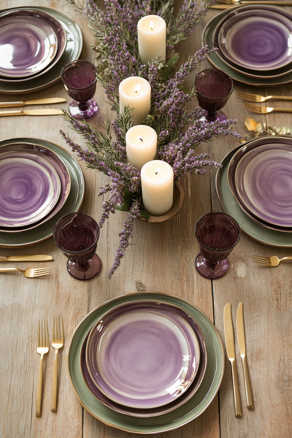 A Thanksgiving dining table set with lavender ceramic plates and sage green glassware. Gold flatware is placed beside each of the six place settings. The table features a minimalist centerpiece consisting of white candles surrounded by sprigs of lavender and deep burgundy leaves, all arranged on a reclaimed wooden table with a subtle natural finish. The soft natural light enhances the tranquil color palette.