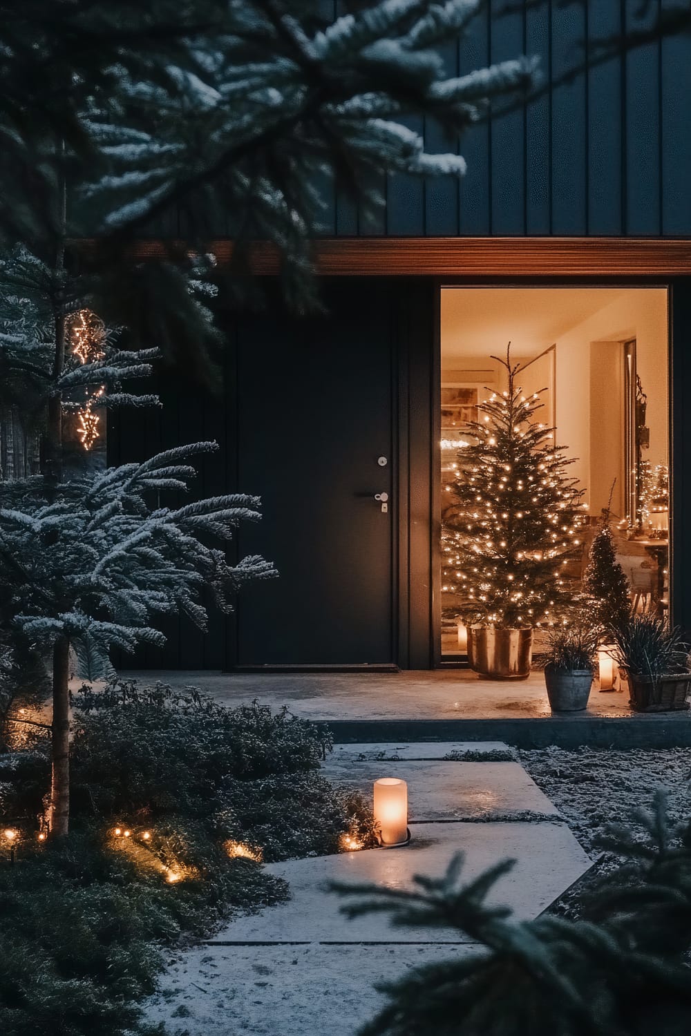 A winter scene with a modern house exterior. The entrance is subtly illuminated by warm lights from inside, where a decorated Christmas tree is visible. The front yard is adorned with snow-covered evergreen plants and lit candles, creating a serene and festive atmosphere.