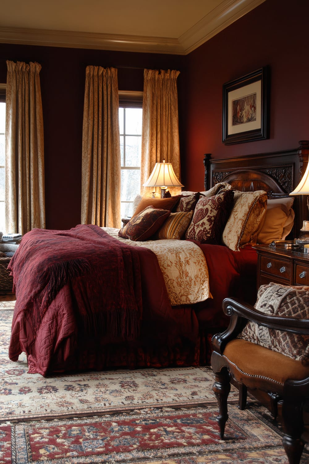 A luxurious bedroom with warm, rich hues. The walls are painted deep burgundy, complemented by golden-beige curtains and linens. The bed is the focal point, adorned with a mix of patterned and solid pillows, and a thick burgundy comforter. Bedside tables with classic lamps enhance the room’s traditional elegance. A vintage-inspired area rug with intricate patterns covers the hardwood floor, and an ornate chair is positioned at the foot of the bed.