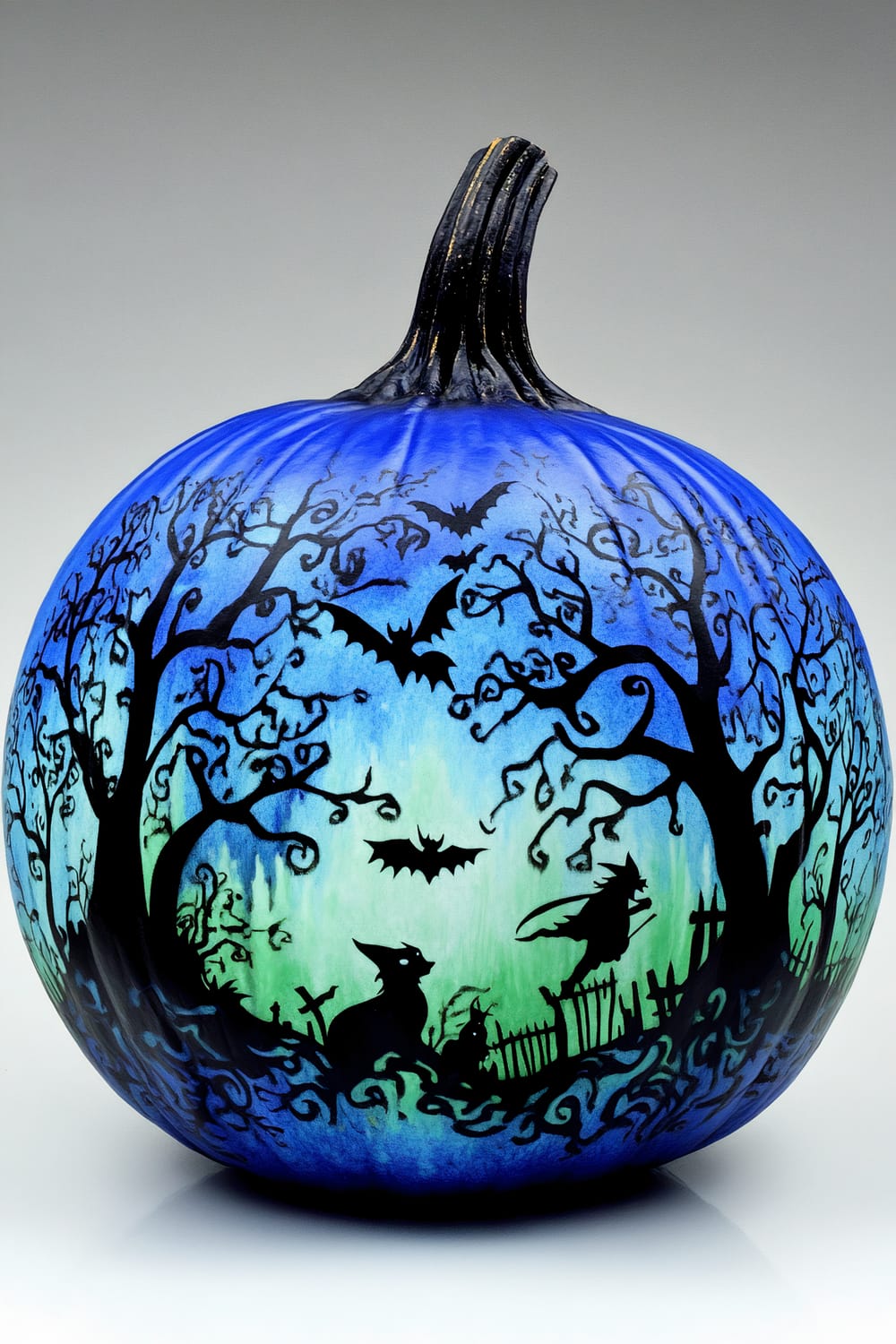 A painted pumpkin displays a haunting nocturnal scene in vivid blues and greens. The artwork features two twisted trees framing a tableau that includes flying bats, a witch on a broomstick, a fence, and a gravestone. Shadows depict ground vegetation and a large black cat with pointy ears.