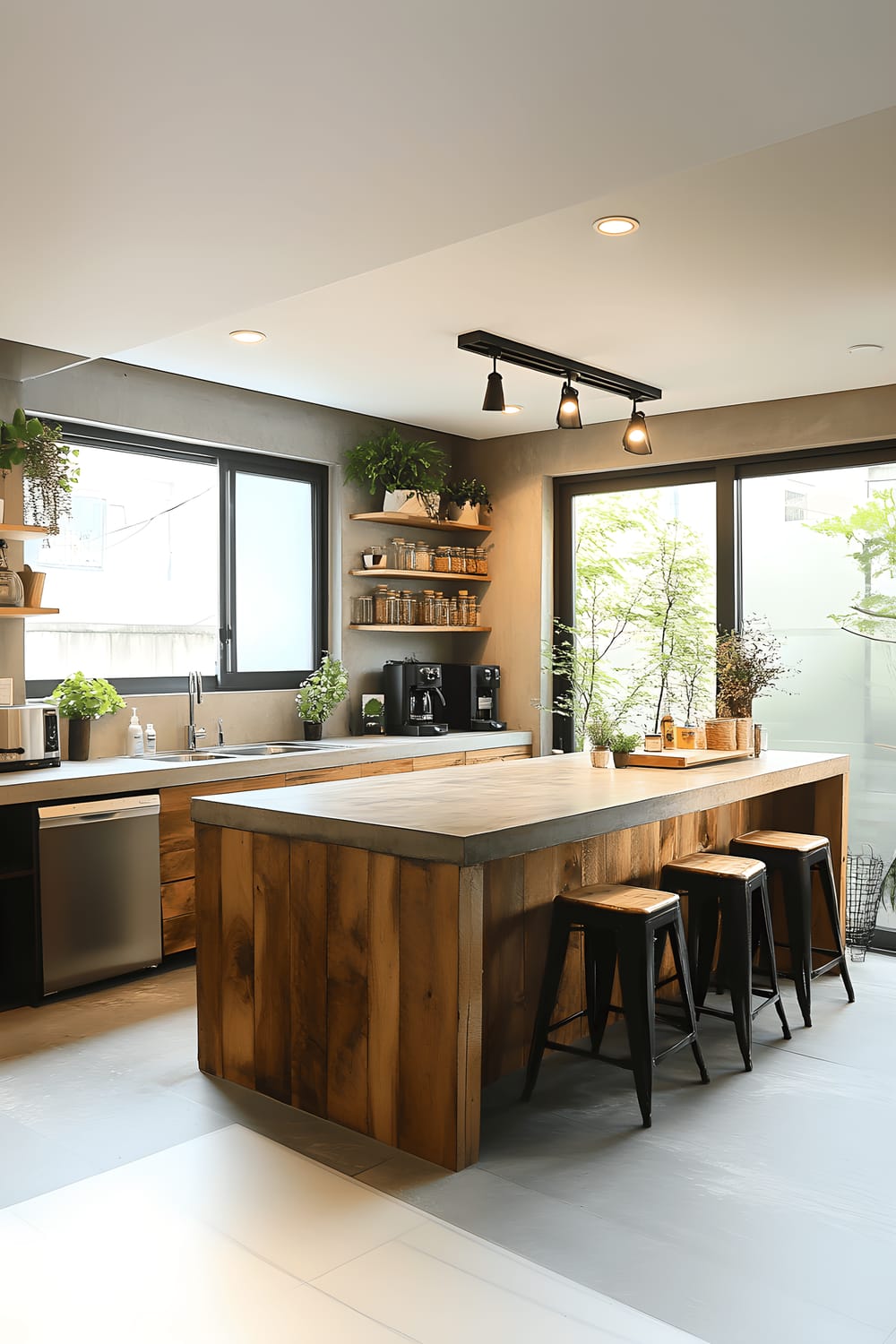 A sustainable kitchen in Seoul with reclaimed wood cabinetry, white energy-efficient appliances, and grey natural stone countertops. A large window floods the room with light, and several green indoor plants add life to the space. The floors are polished concrete, and decorative items are minimal, emphasizing the clean lines and natural materials.