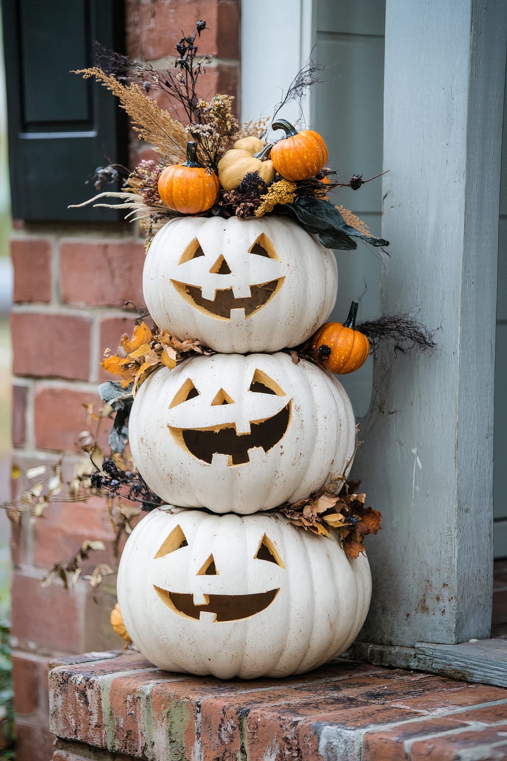 A festive and charming Halloween decoration features a stack of three white pumpkins carved with classic jack-o-lantern faces, each one smiling. The pumpkins are adorned with autumnal elements such as small orange pumpkins, dried flowers, and foliage. The stack is positioned on a brick step next to a porch column, with a backdrop of a brick wall and part of a black window shutter.