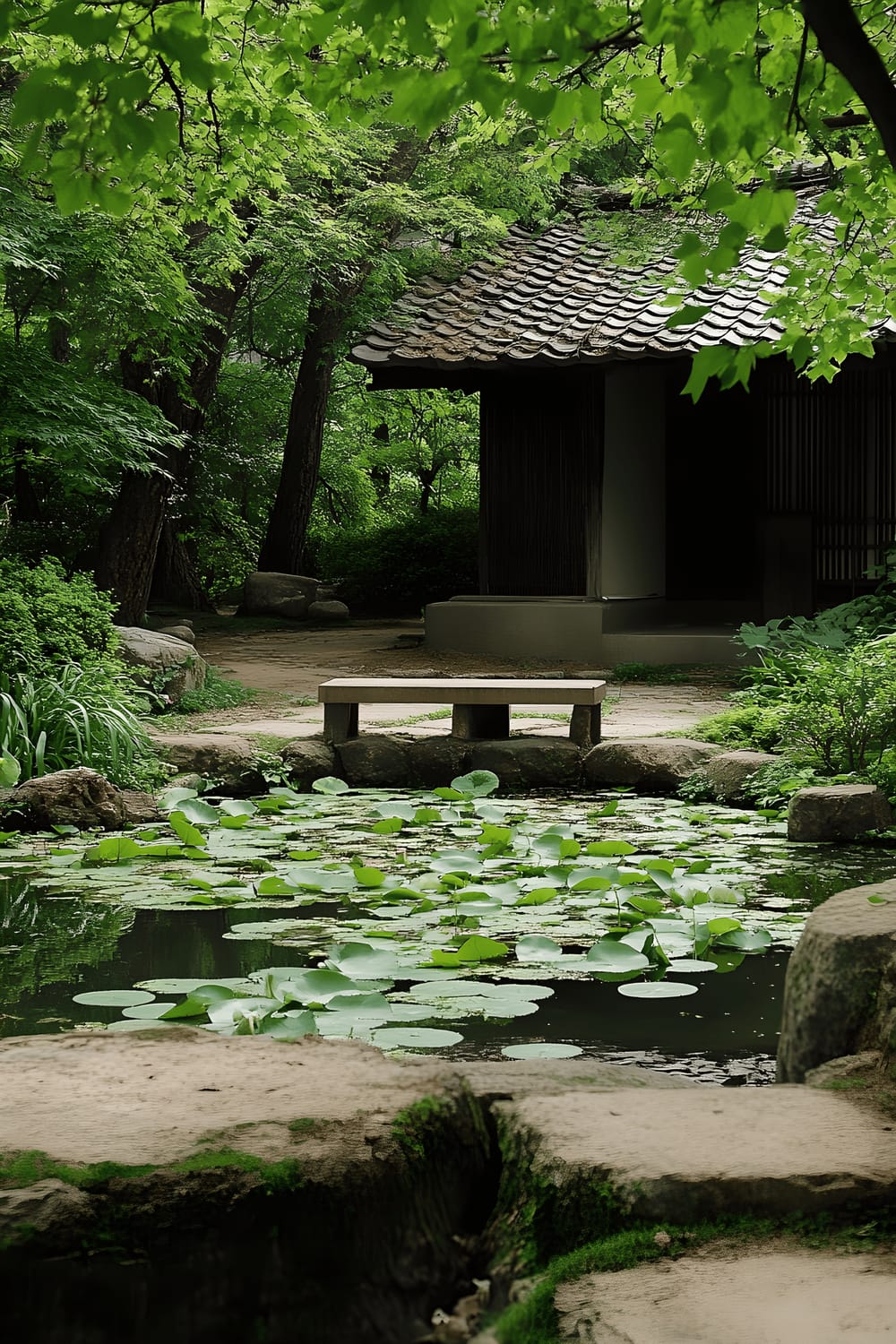 A serene garden scene featuring a natural reflecting pond dotted with water lilies, a path of soft-hued stepping stones leading towards the pond, and a modest wooden bench nestled into a corner, surrounded by verdant foliage.