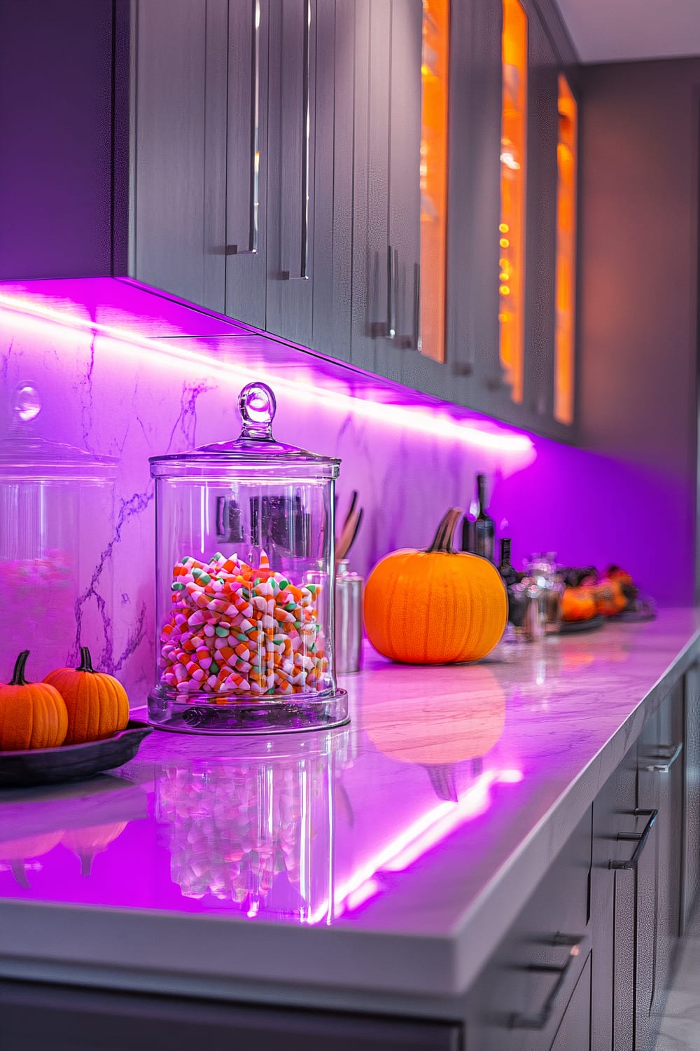 An ultra-modern kitchen space featuring a sleek white marble countertop, accentuated by a horizontal strip of purple LED lighting underneath dark cabinetry. On the counter, there is a large glass jar filled with colorful candy corn. Surrounding the jar, there are several small pumpkins and one large pumpkin, creating a festive Halloween theme.