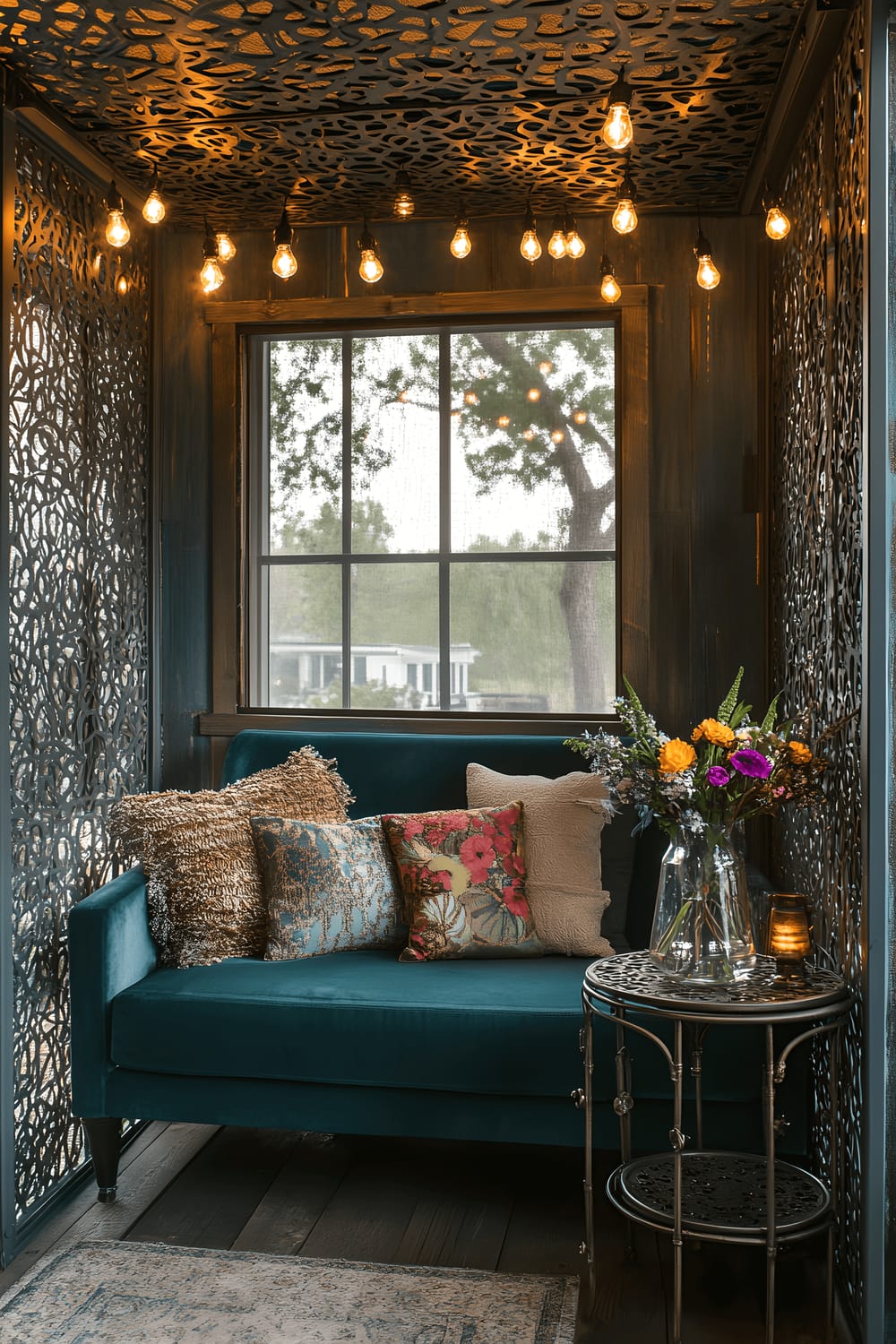 A small living room showcasing a low-profile teal velvet loveseat situated under a custom-made metallic canopy adorned with intricate patterns. The canopy creates engaging shadows that add depth to the room. A vintage cylindrical metal side table holds a glass pitcher filled with wildflowers. The room also features warm Edison bulb string lights woven into the canopy structure and natural light entering through a side window brightens the room, highlighting the eclectic decor.