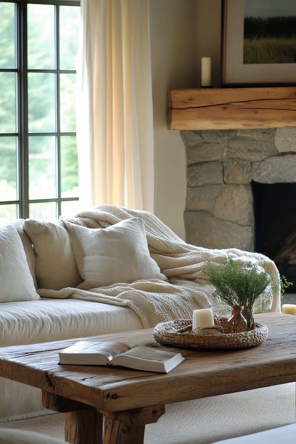 A living room featuring natural textures with a wooden coffee table, stone fireplace, and linen curtains. A plush neutral-toned sofa with a woven throw blanket is complemented by a couple of indoor plants and soft natural light from large windows.