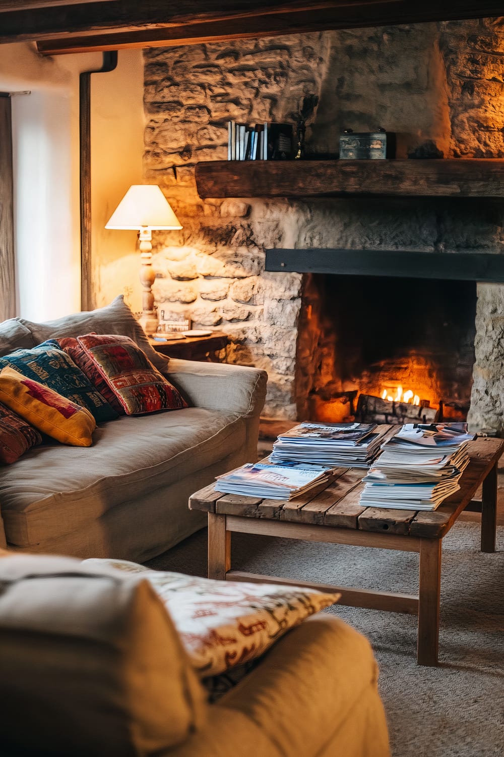 A cozy living room with a stone fireplace as the focal point. A comfortable beige loveseat with colorful cushions faces the fireplace. A rustic wooden coffee table holds a stack of magazines and a vintage table lamp with a warm glow. Soft lighting from the fireplace and overhead recessed lights create a warm, inviting ambiance.